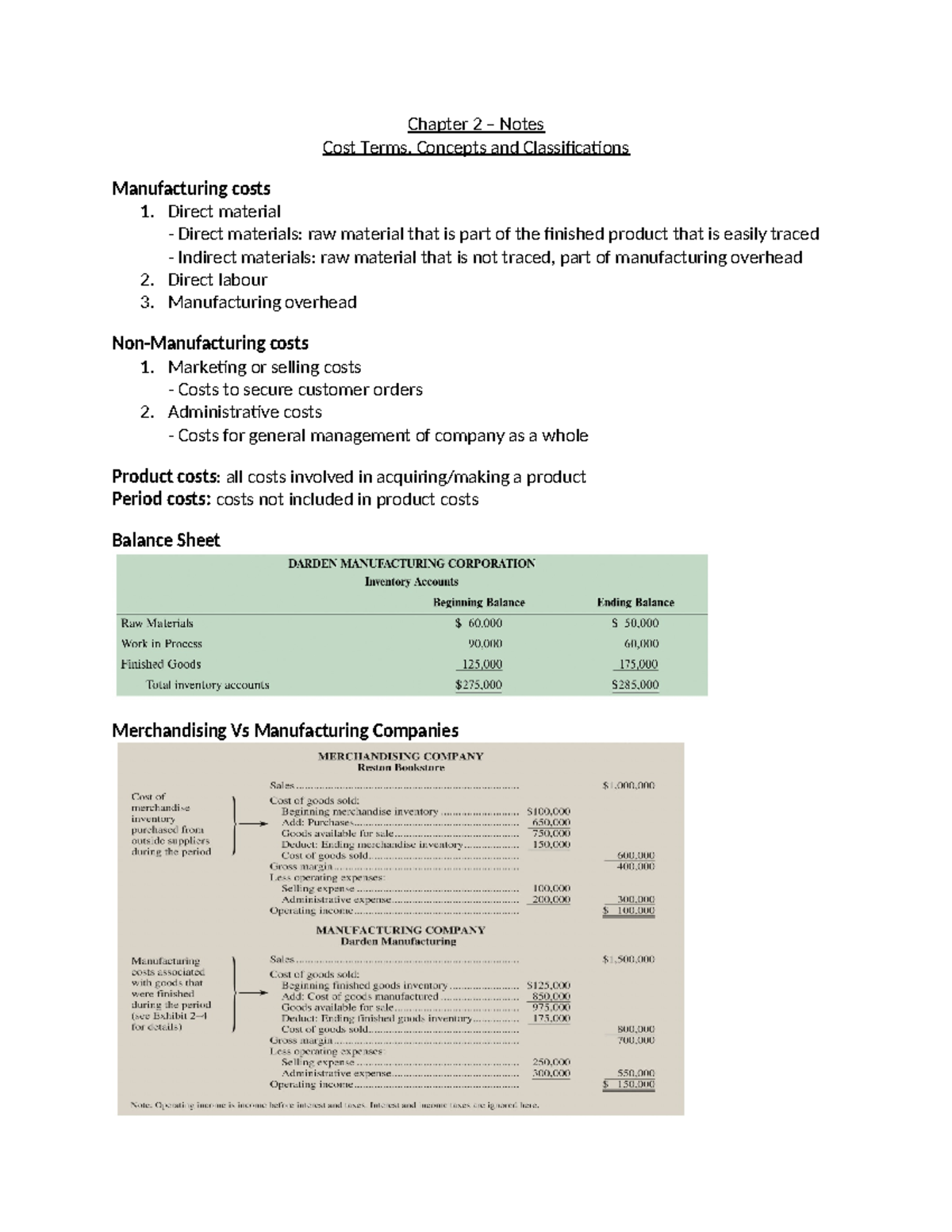 Chapter 2 Notes - Chapter 2 – Notes Cost Terms, Concepts and ...