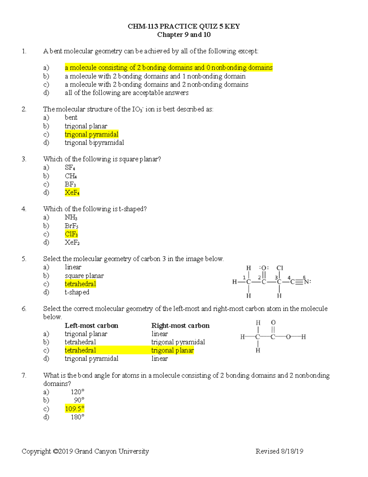 CHM 113 - KEY For Practice Quiz 5 - CHM-113 PRACTICE QUIZ 5 KEY Chapter ...