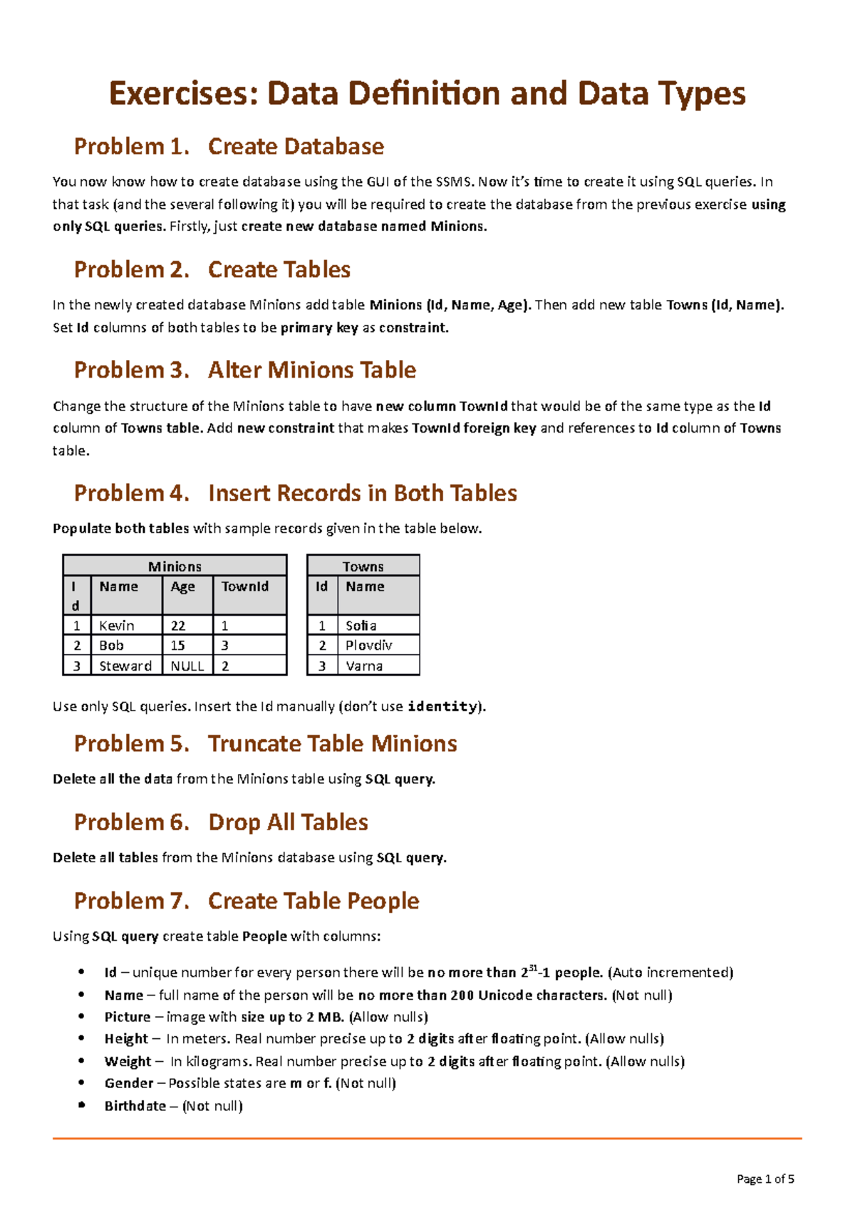 02 - Practice lab - Exercises: Data Definition and Data Types Problem 1 ...