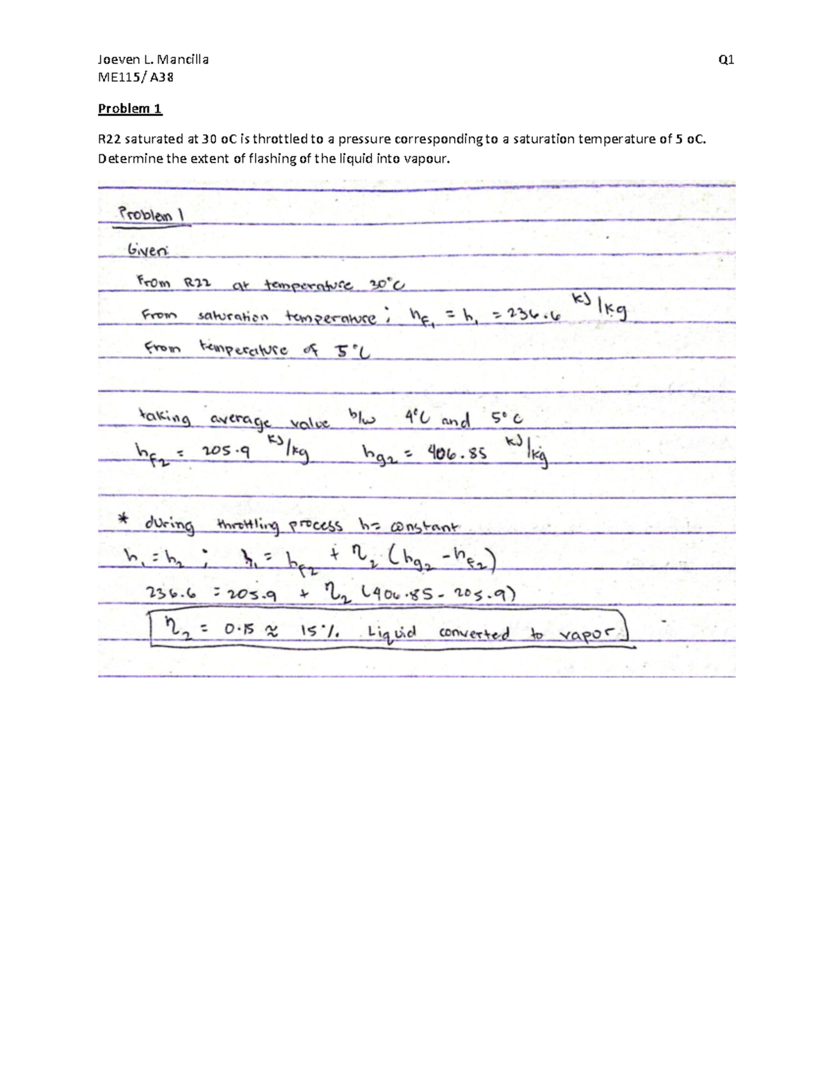 Refrigeration EngineeringQ1 ME115/ A Problem 1 R22 saturated at 30