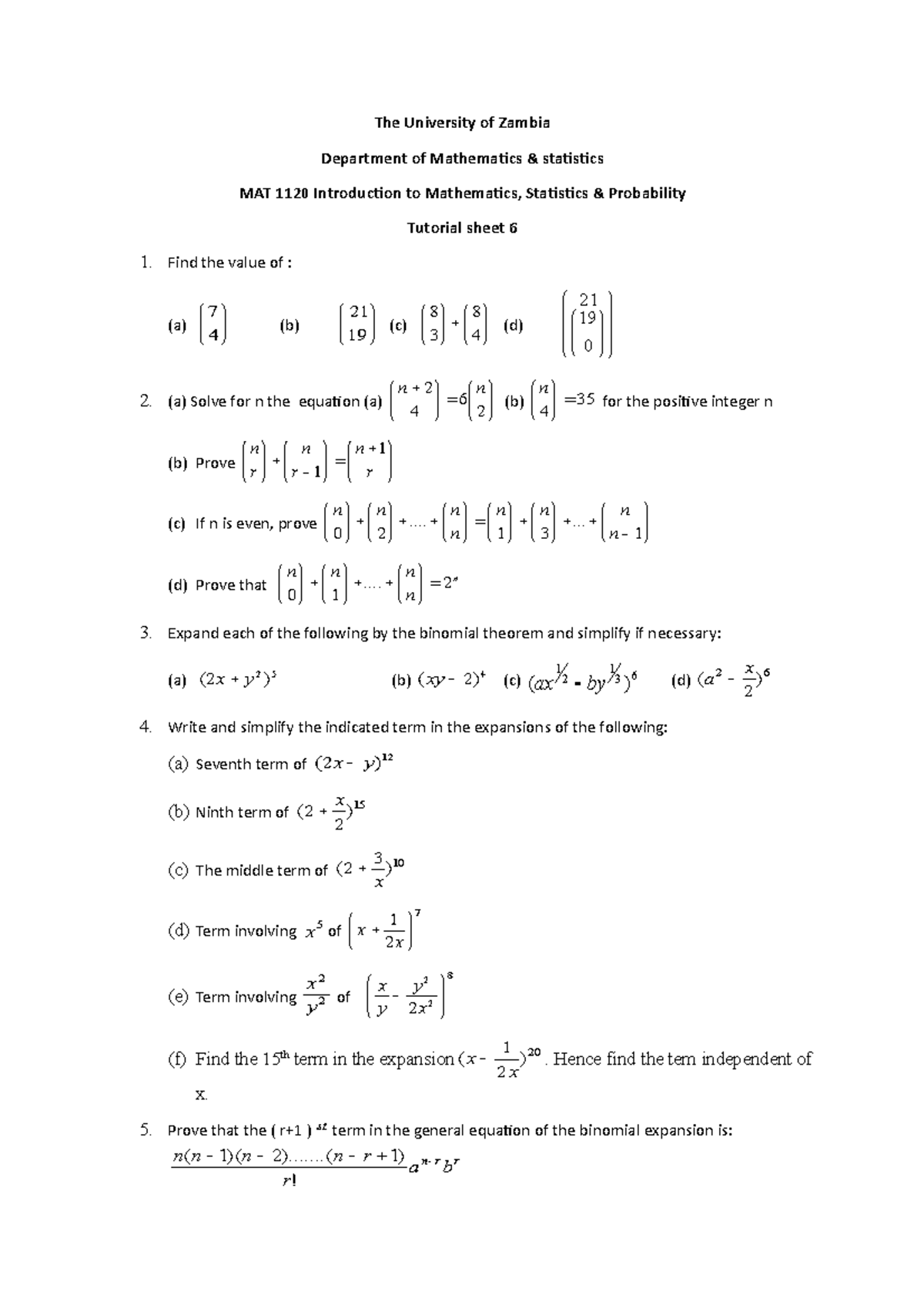 Tutorial sheet 6 UNZA - The University of Zambia Department of ...