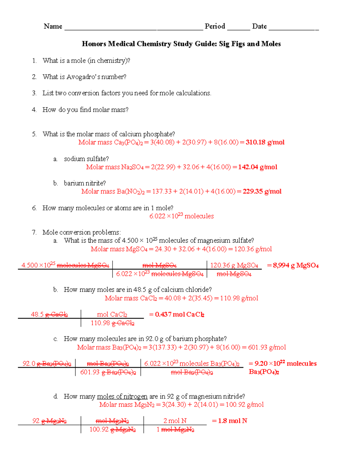 HChem Sig Figs and Moles Study Guide FULL KEY - Name