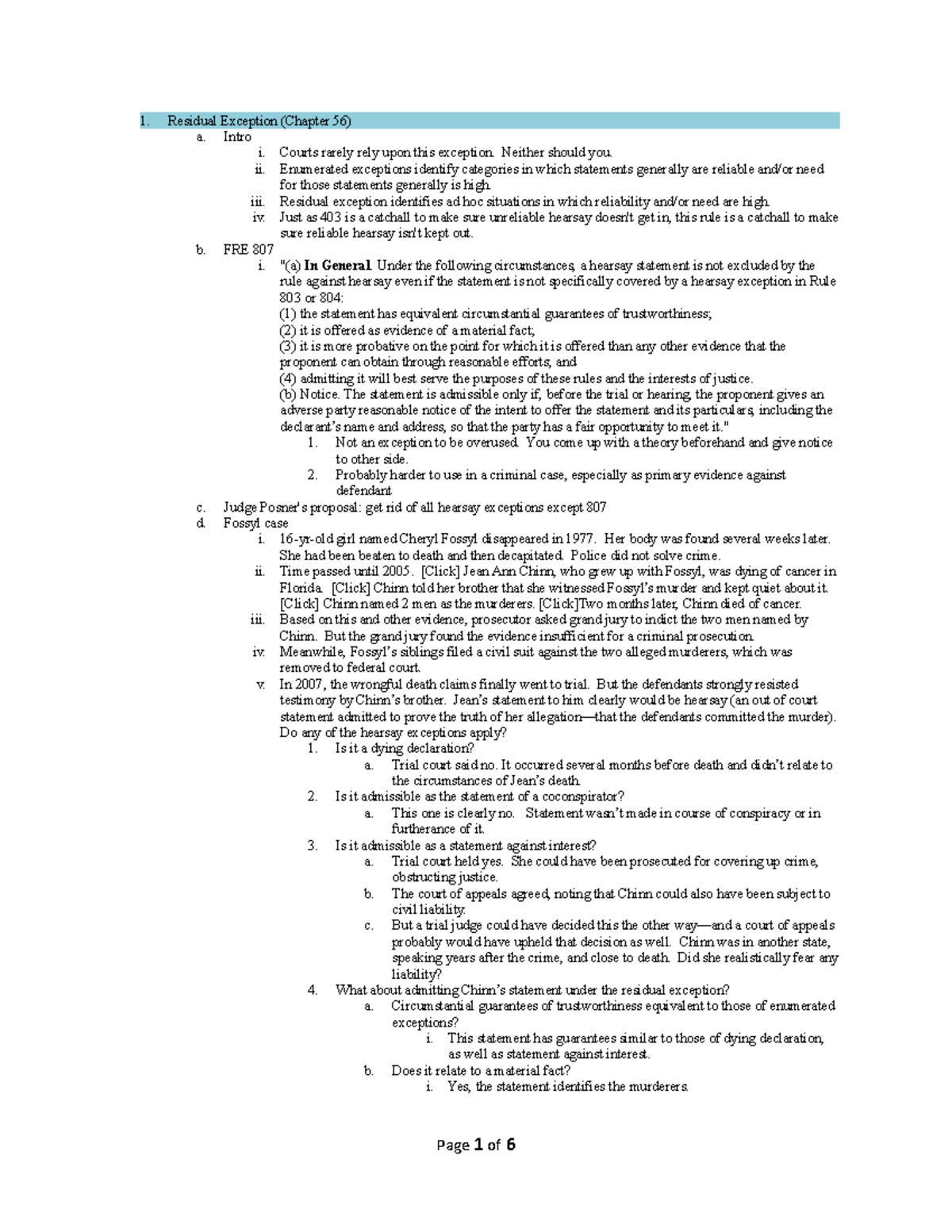 5h. Hearsay Conclusion - Residual Exception (Chapter 56) a. Intro i ...