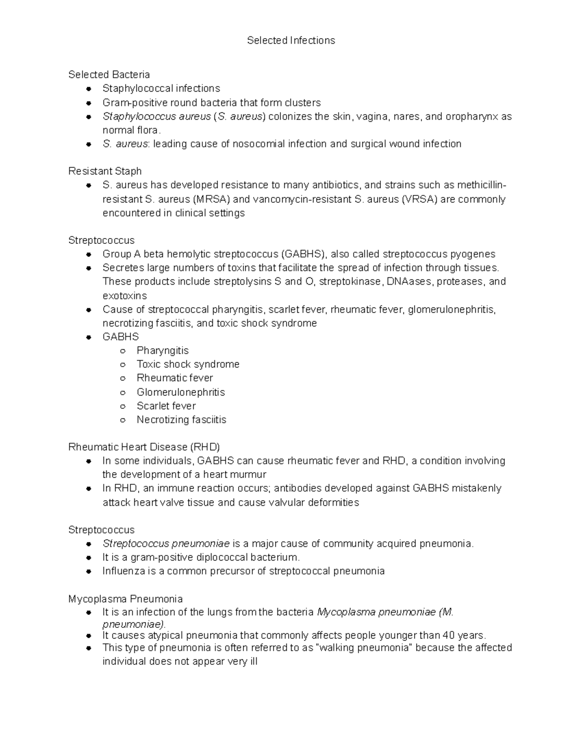 Selected Infections - Selected Infections Selected Bacteria 