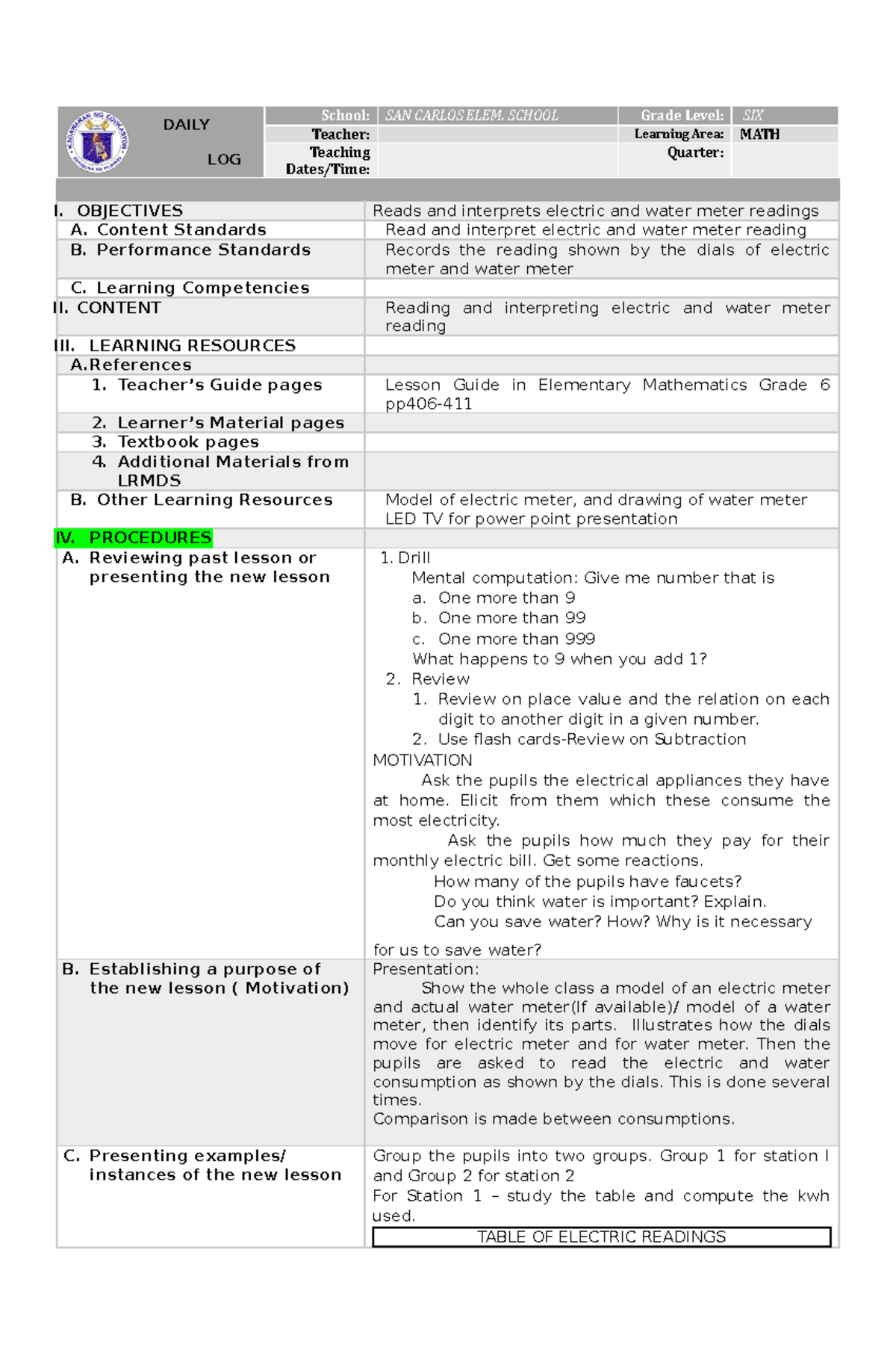 MATH 6 COT Semi detailed Lesson Plan In Math 6 DAILY LESSON LOG 