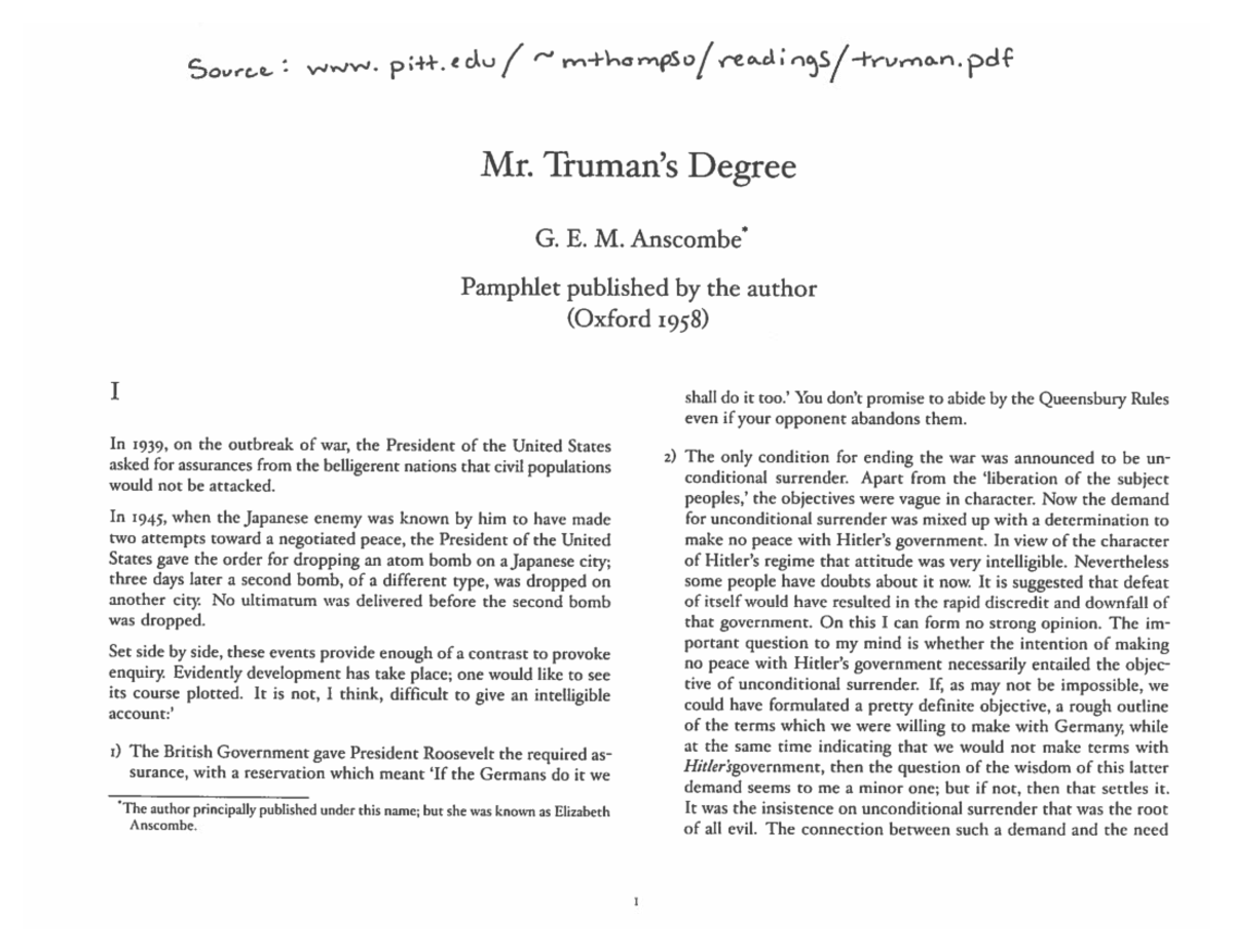 Anscombe Mr. Trumans Degree - PHI 2010 - Studocu