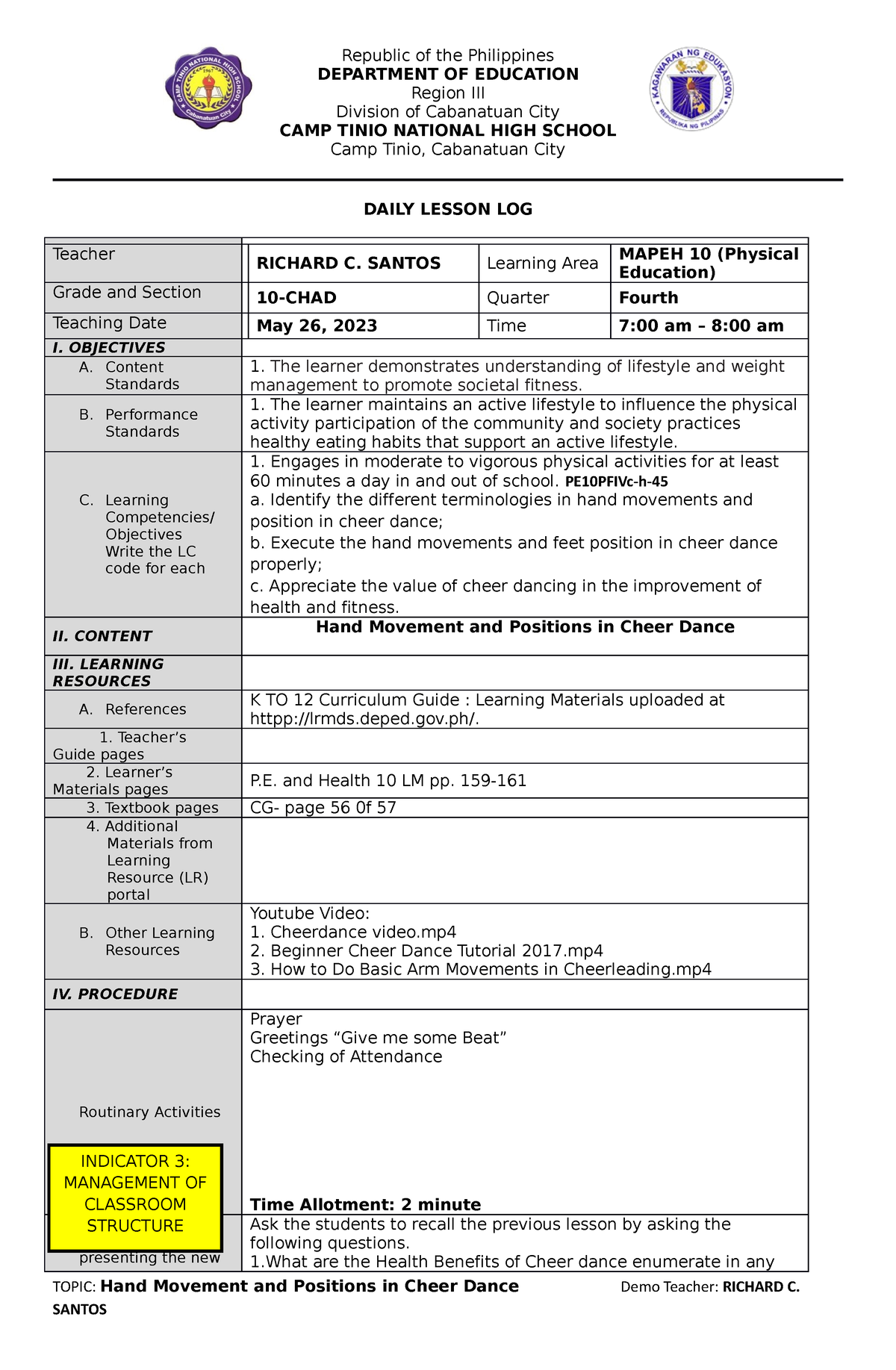 Co2 4th Q Rcsantos Pe 10 Dll For Co Mapeh Republic Of The Philippines Department Of 8597