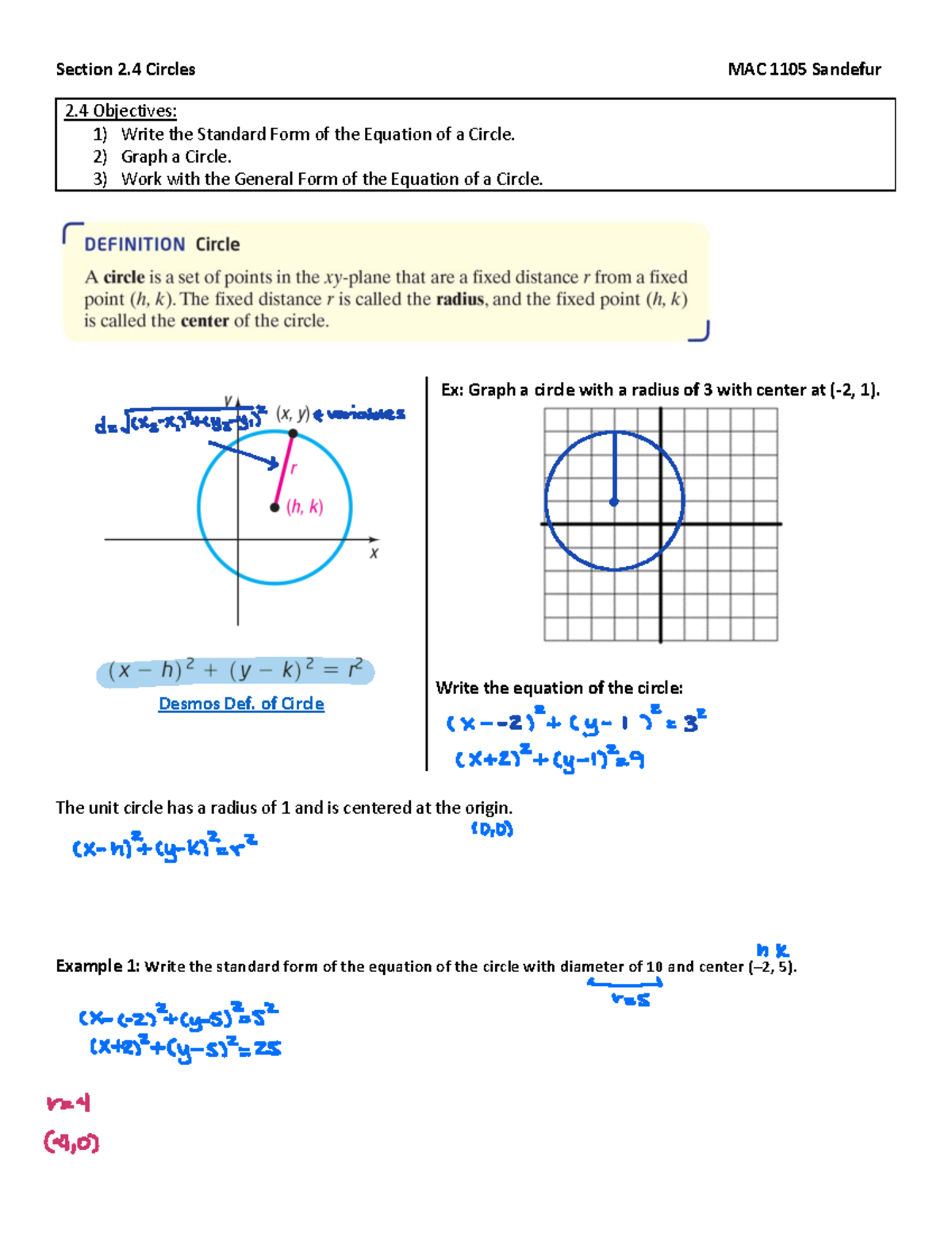 Unit I 2.4 guided notes ( Circles) - Section 2 Circles MAC 1105 ...