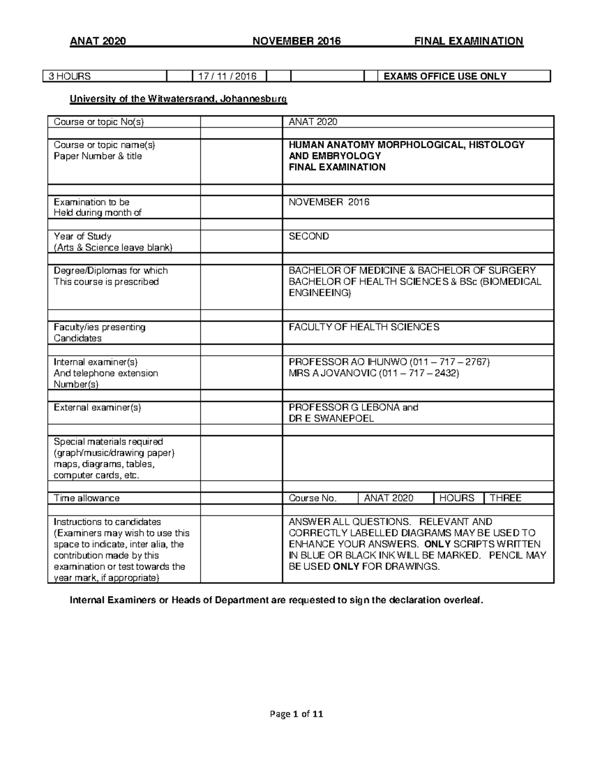 ANAT2020 Final Exam 2016 - ANAT 2020 3 HOURS NOVEMBER 2016 FINAL ...