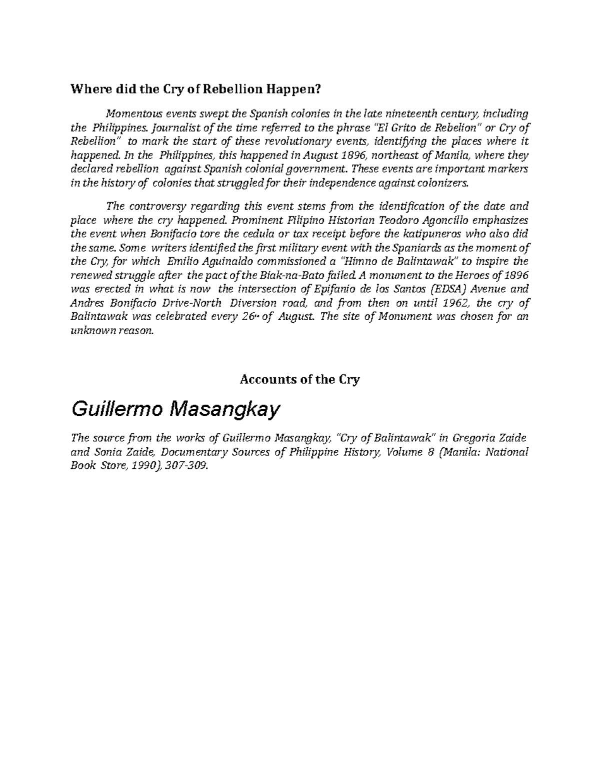 Where did the Cry of Rebellion Happen Reading in Philippine History