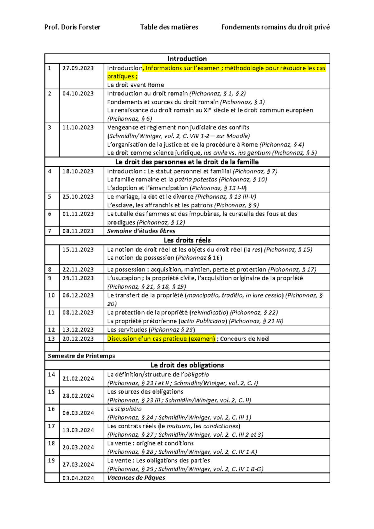 Plan du cours 2023-2024 - Prof. Doris Forster Table des matières ...