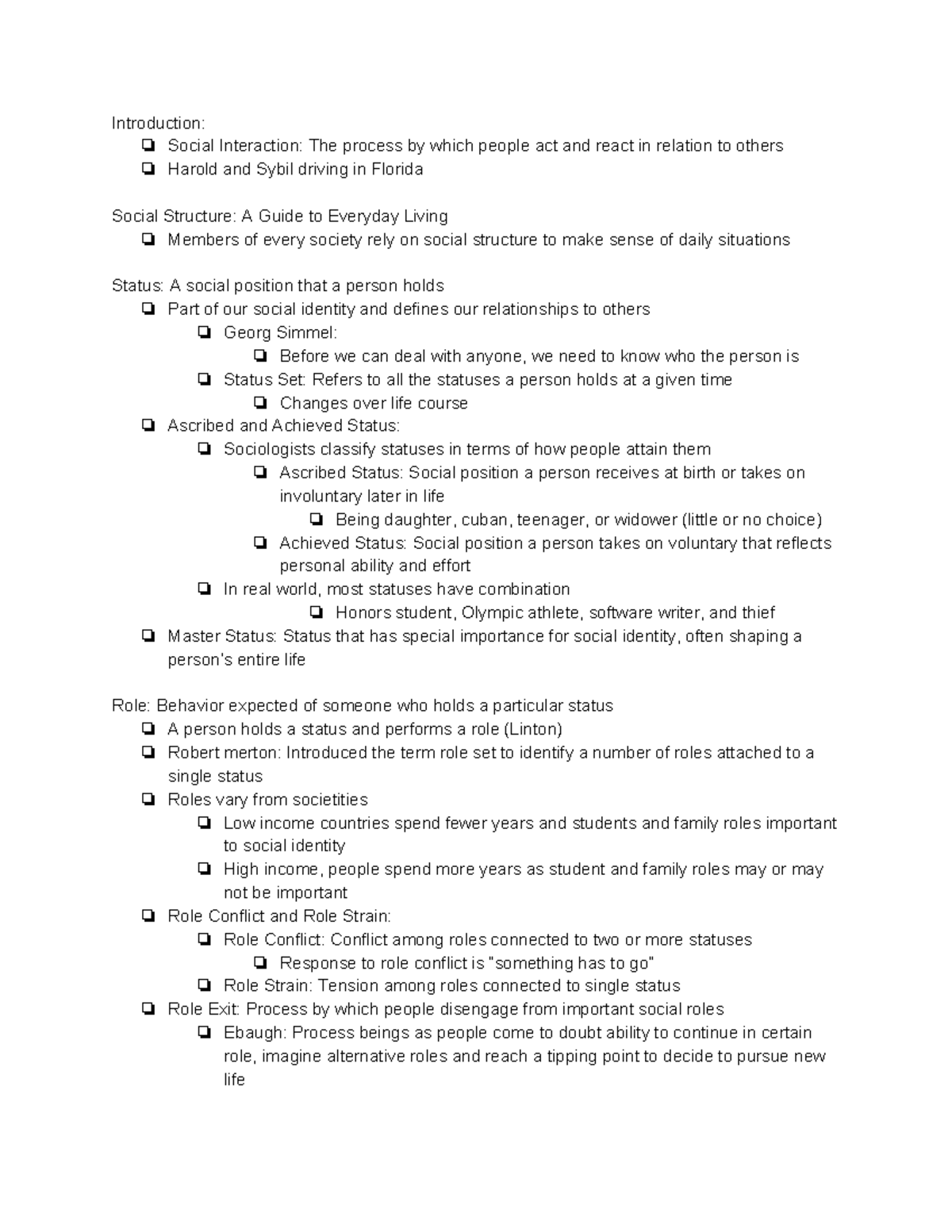 Sociology Chapter 4 Notes - Introduction: Social Interaction: The ...