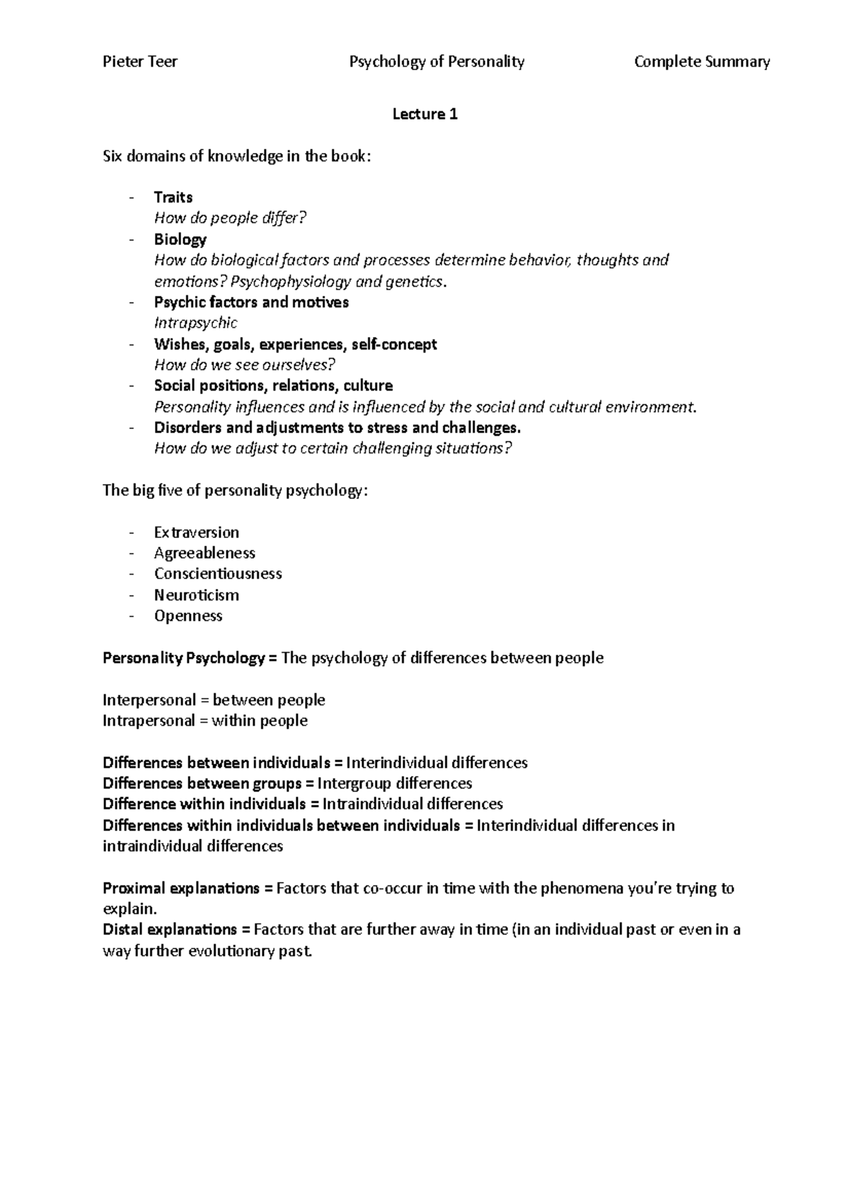 Personality Psychology summary - Lecture 1 Six domains of knowledge in ...