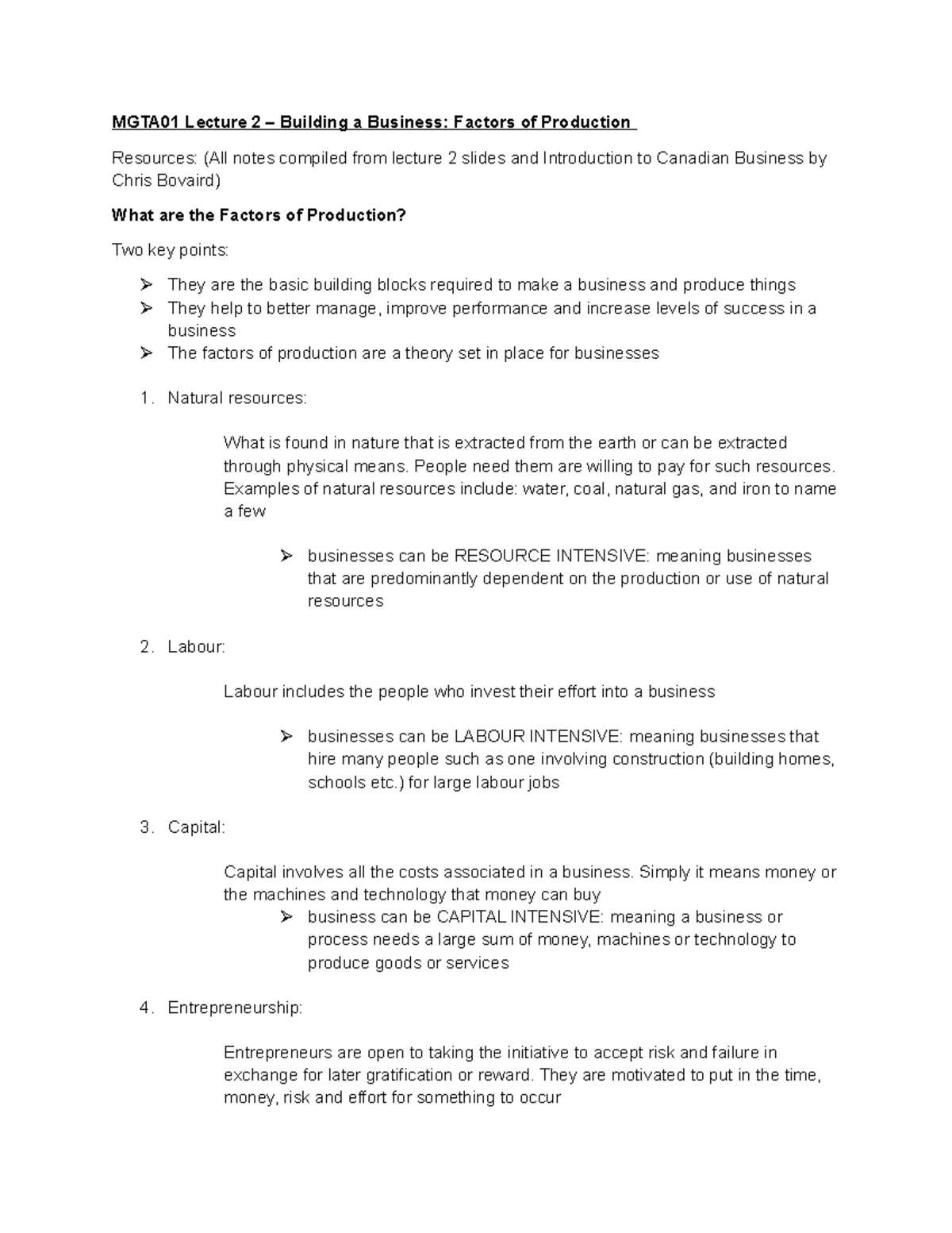 Mgta01 Lecture 2 Building A Business Factors Of Production Studocu