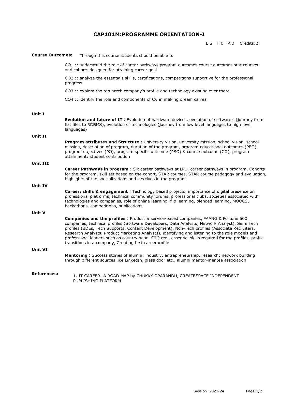 Frm Course Syllabus IPDownload - CAP101M:PROGRAMME ORIENTATION-I Course ...