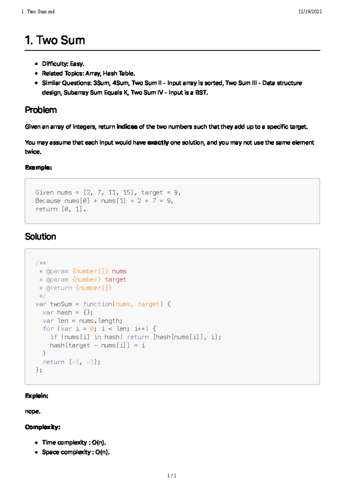 1. Two Sum - løsning til twosum - Two Sum 12/19/ 1 / 1 1. Tw o S u m ...