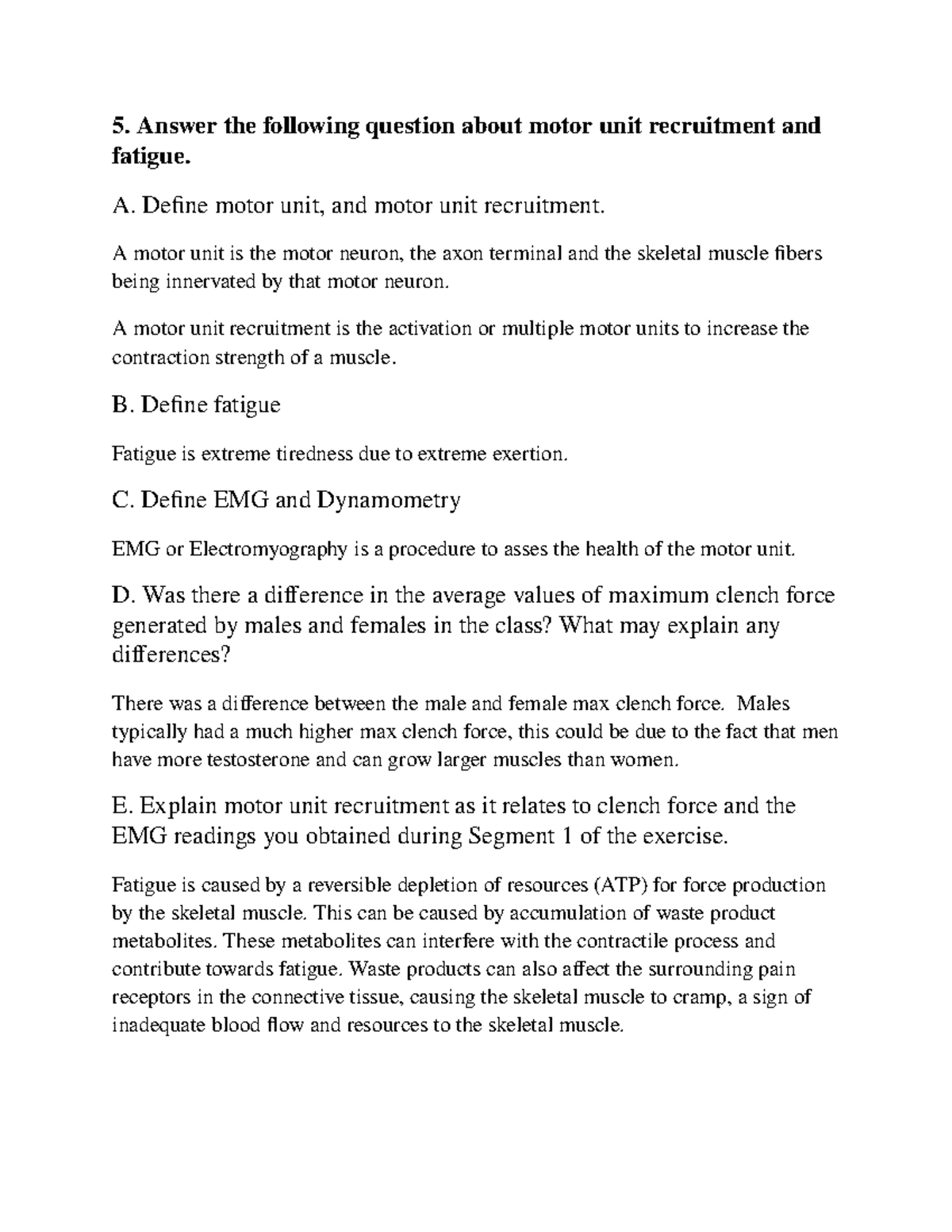 EMG lab lab 5. Answer the following question about motor unit