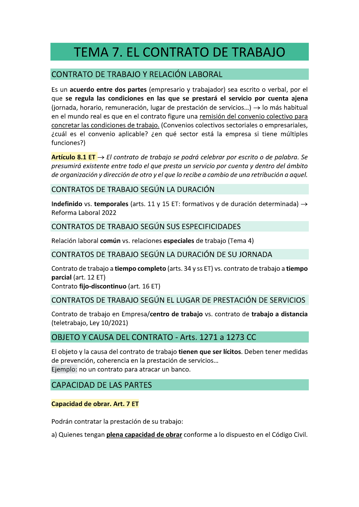 TEMA 7 El Contrato De Trabajo - Derecho Del Trabajo I - UPF - Studocu