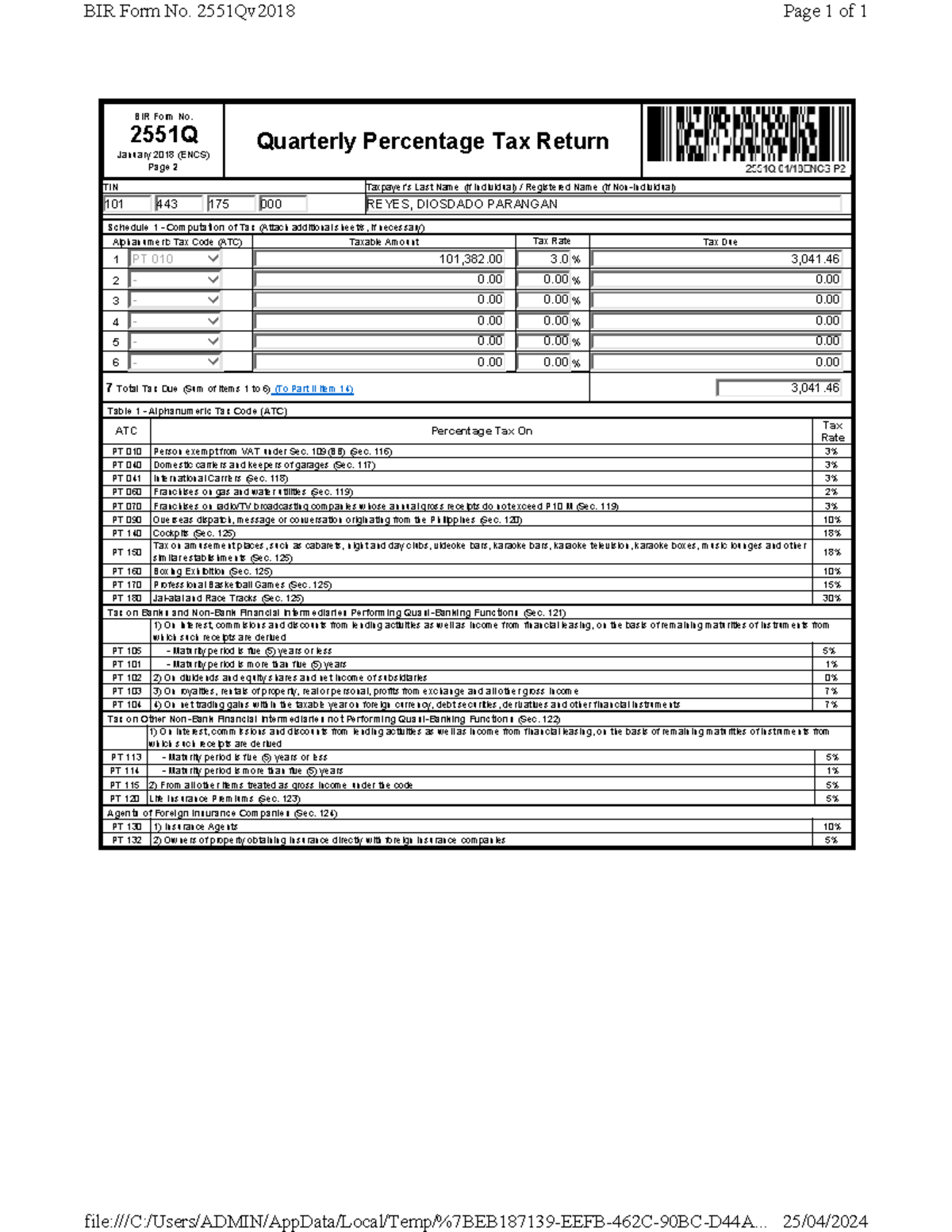 2024 Q1 P2 - Read only - BIR Form No. 2551Q January 2018 (ENCS) Page 2 ...