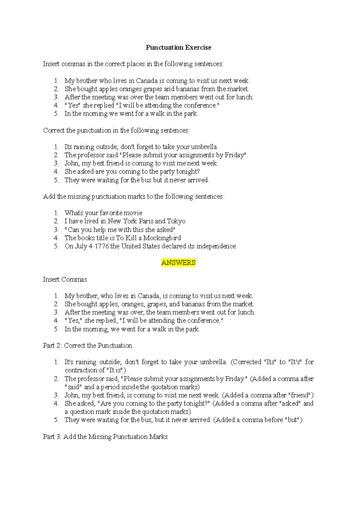 Punctuation Exercise - Punctuation Exercise Insert commas in the ...