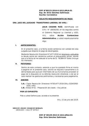 Formato DE Requerimiento DE PAGO - EXP. N°00123-2014-0-1611-JMLA- Esp. Dr.  Elvis Sánchez Salirrosas - Studocu