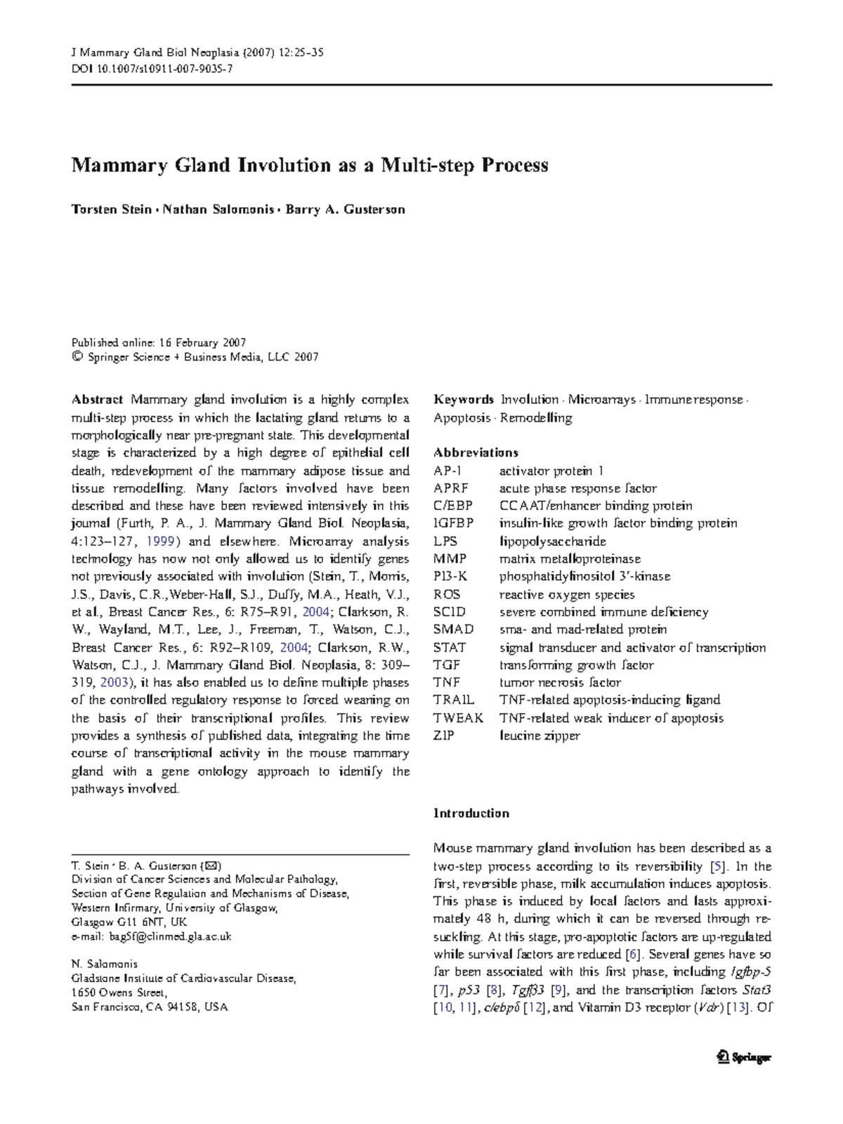 Involution - Bio - Mammary Gland Involution as a Multi-step Process ...
