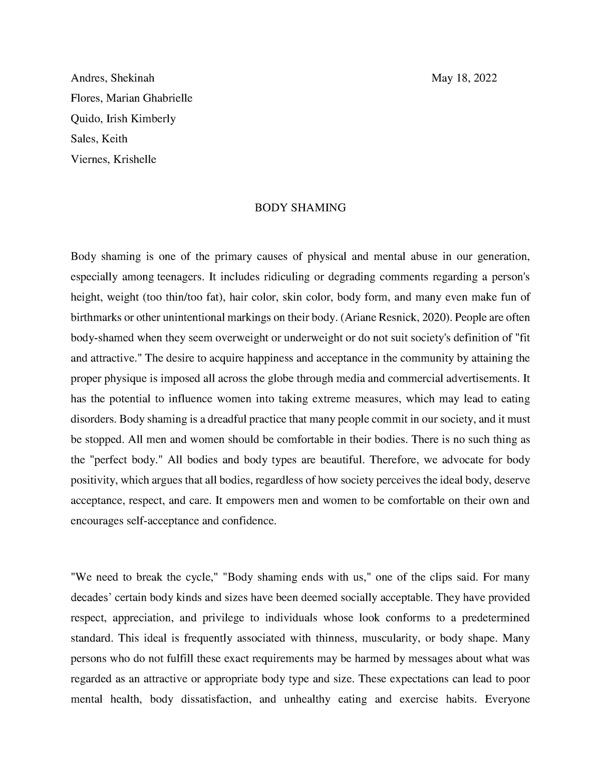 persuasive essay about body shaming