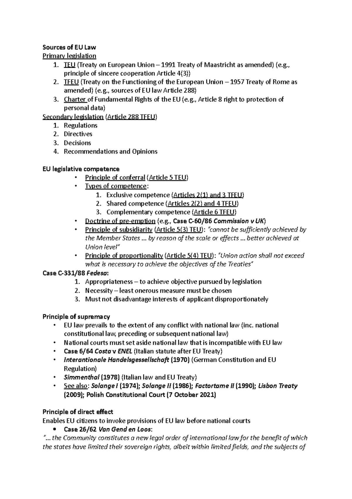 Semester one consolidation - Sources of EU Law Primary legislation 1 ...