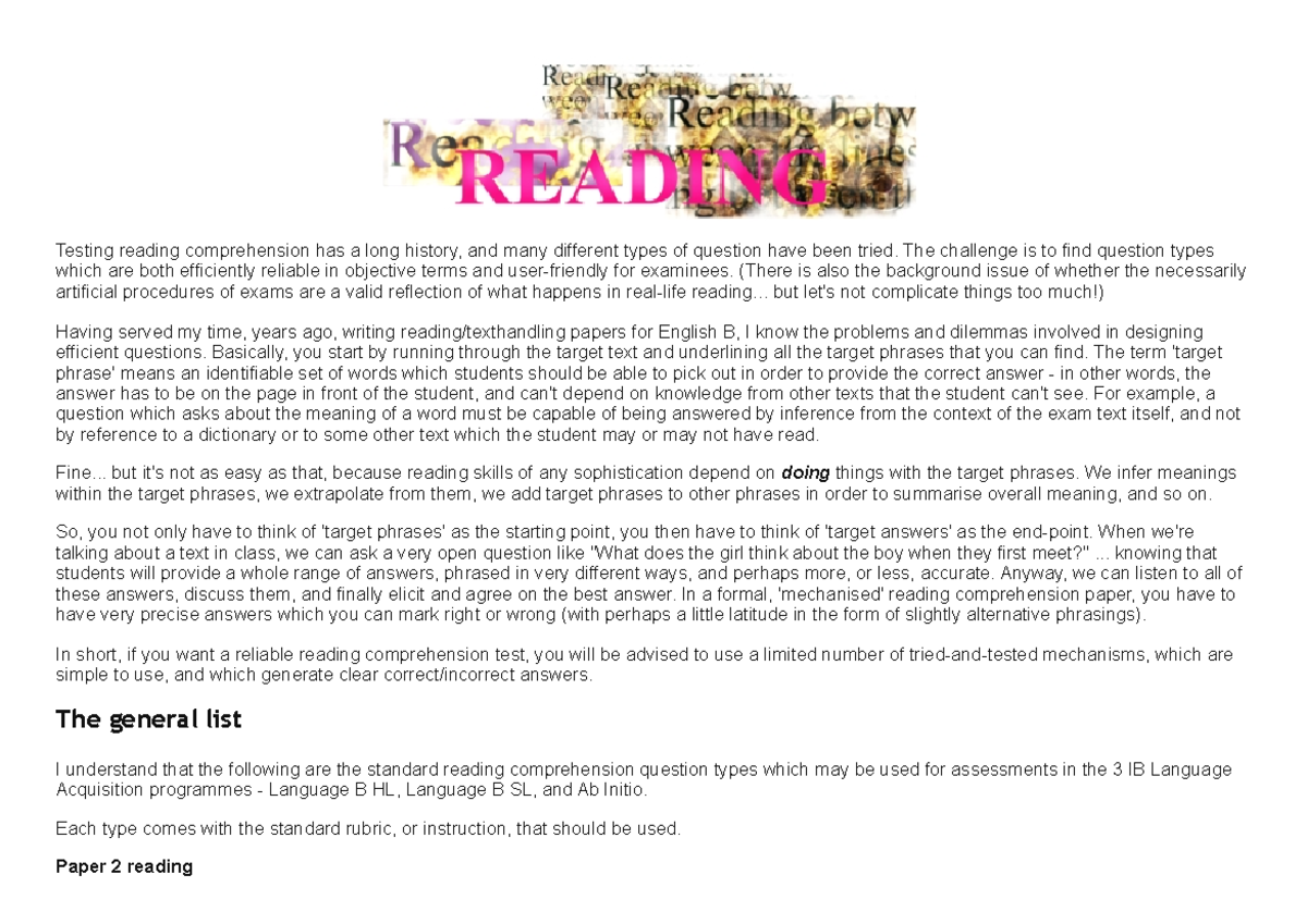 P2 Question Types Creation Explanation - Testing reading comprehension ...