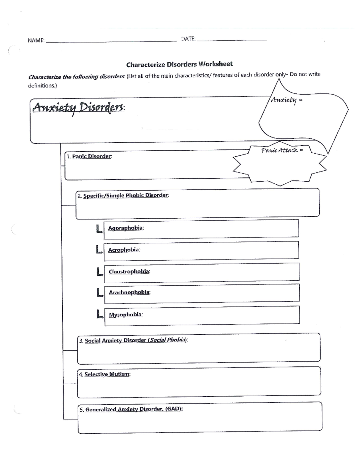 Psychological Disorders Packet - NAME: DATE: Characterize Disorders ...