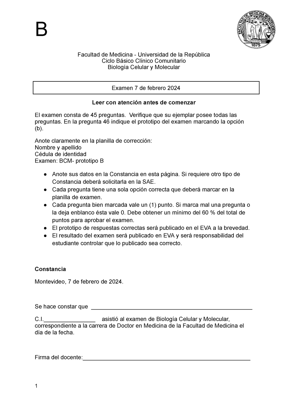 Prototipo B Examen BCM 070224 - B Facultad De Medicina - Universidad De ...