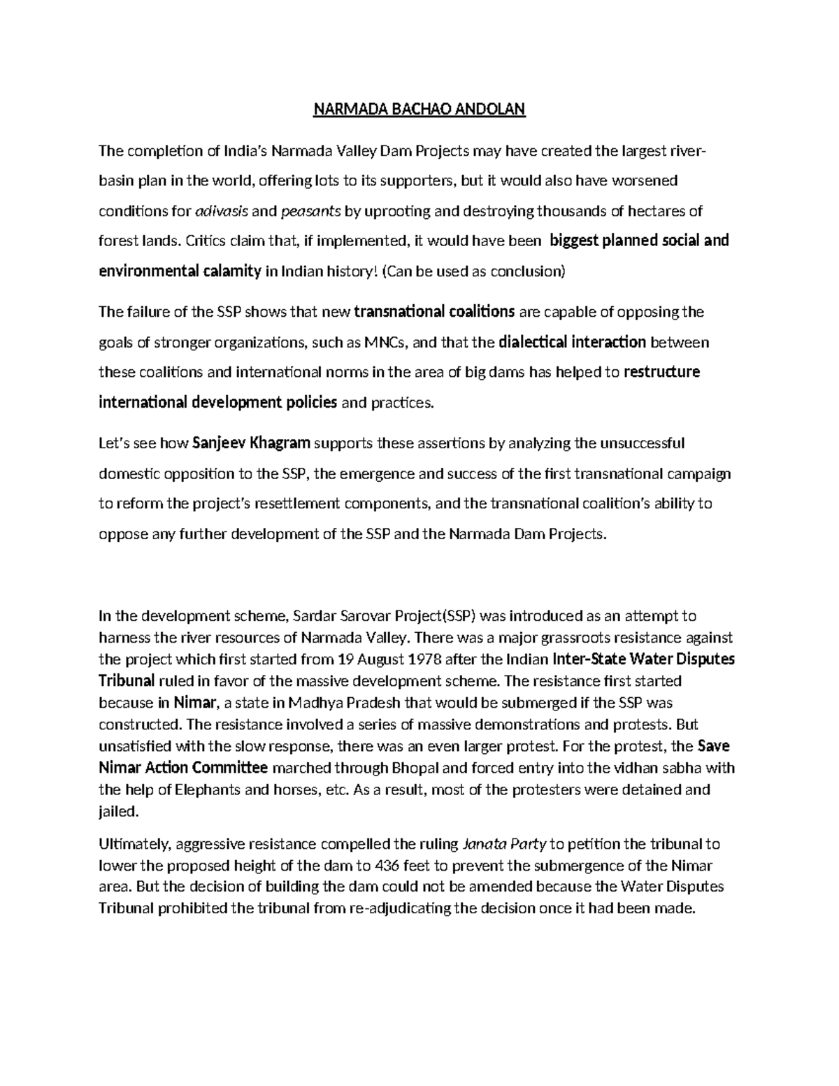 Sanjeev KhagramNarmada Project NARMADA BACHAO ANDOLAN The completion