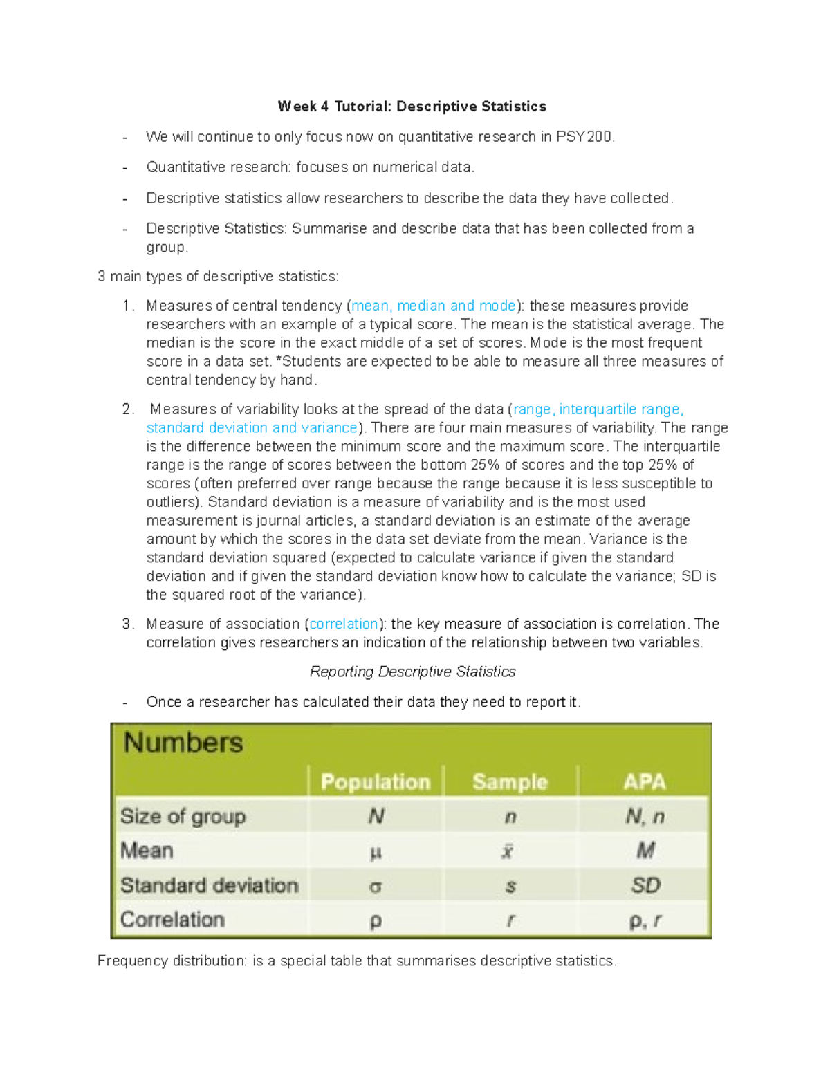 PSY200 Week 4 Descriptive Statistics Notes - Week 4 Tutorial ...