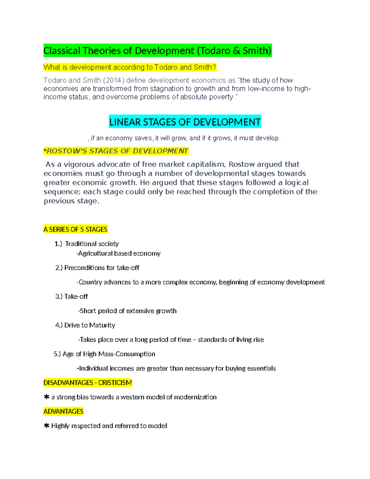 ECON DEV Midterm - Classical Theories of Development (Todaro & Smith ...