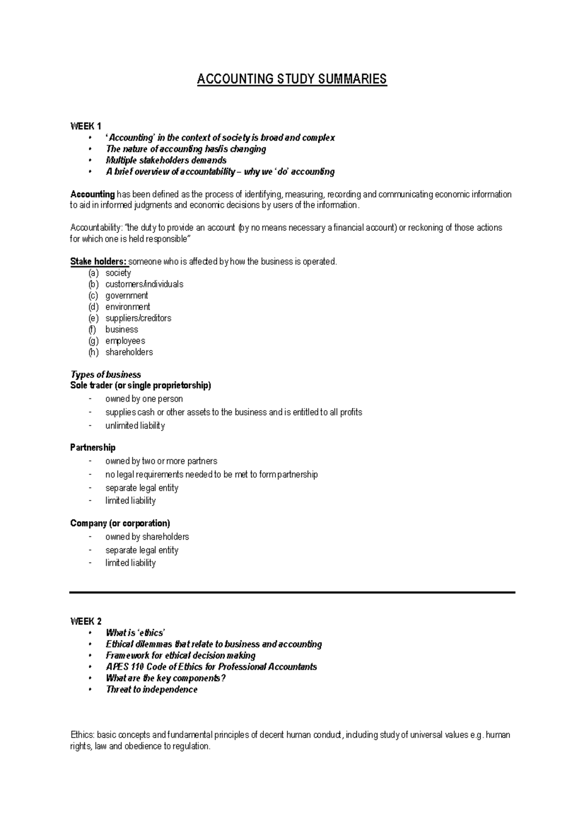 Week 1-3 accg100 notes - ACCOUNTING STUDY SUMMARIES WEEK 1 in the ...