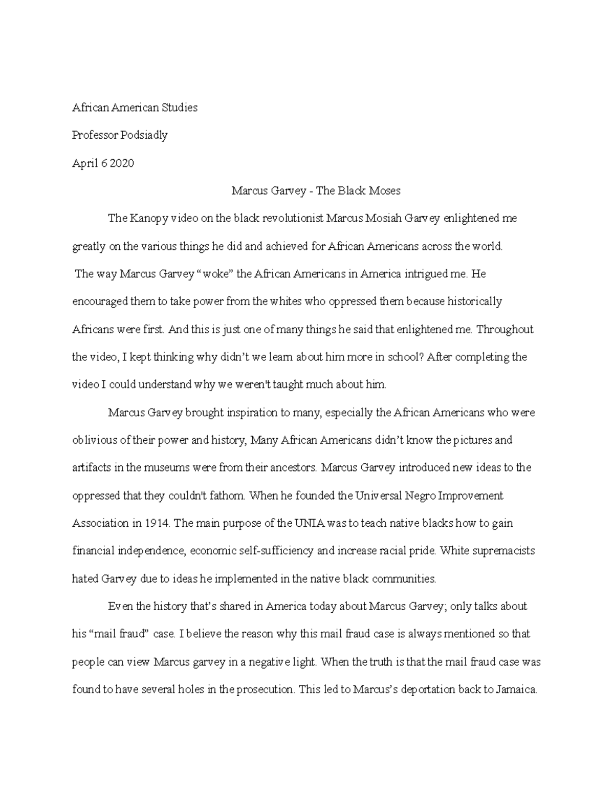 Marcus Garvey reflection - African American Studies Professor Podsiadly