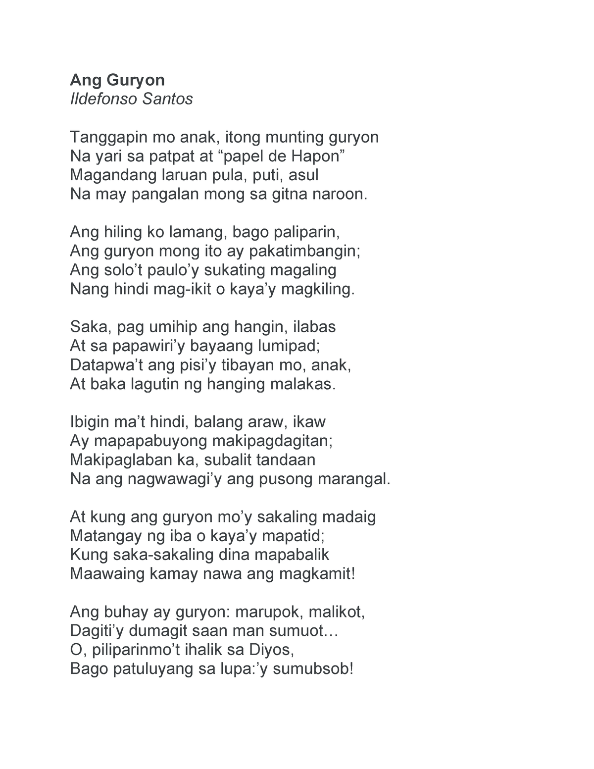 Ang Guryon Maikling Tula Ang Guryon Ildefonso Santos Tanggapin Mo