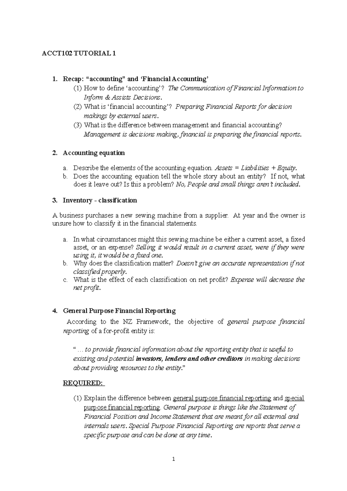 ACCT 102 Tutorial 1 - Questions + Some Answers - ACCT102 TUTORIAL 1 1 ...