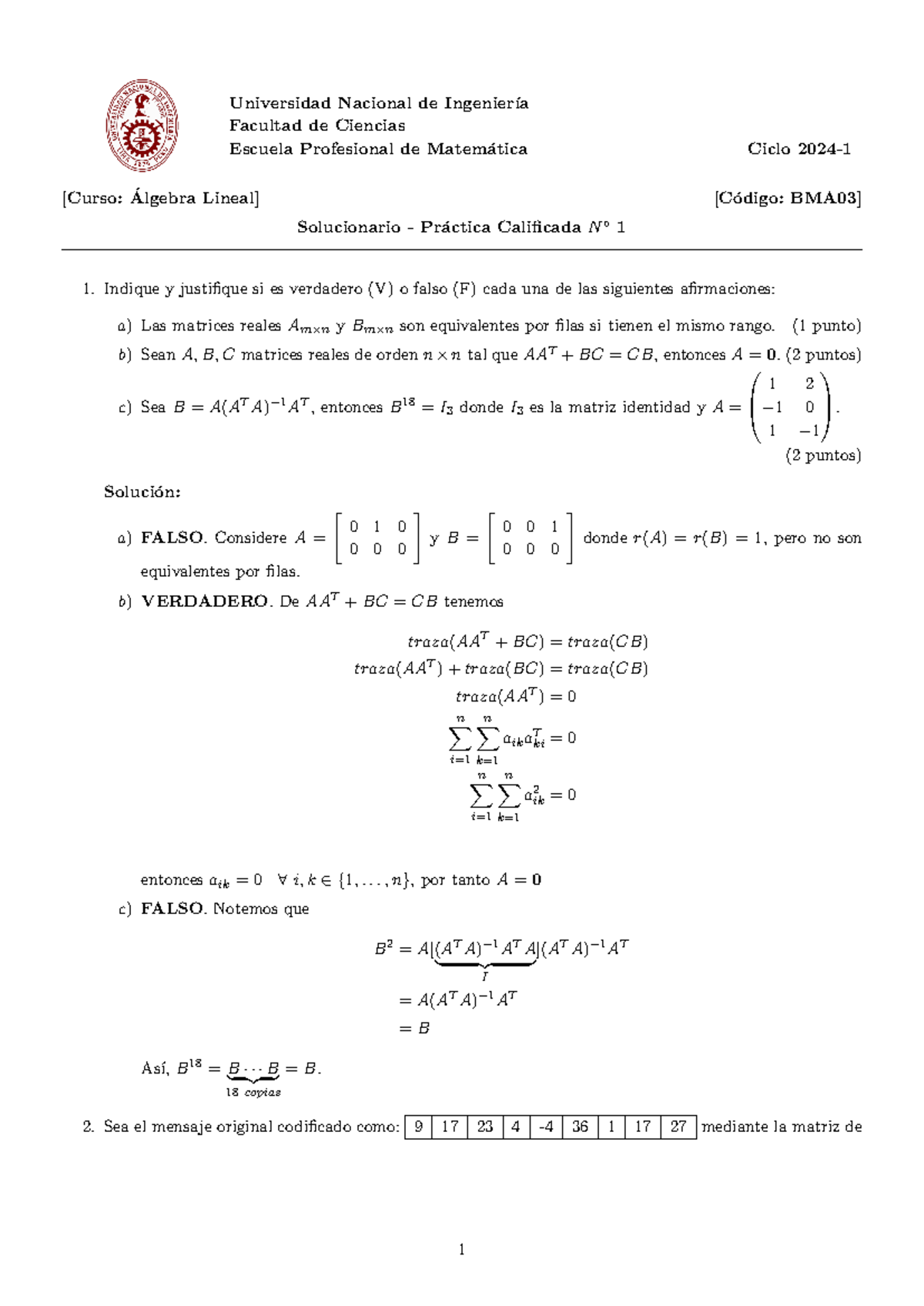 Práctica Calificada N° 1 Solucionario Universidad Nacional De Ingenier ́ıa Facultad De 3805