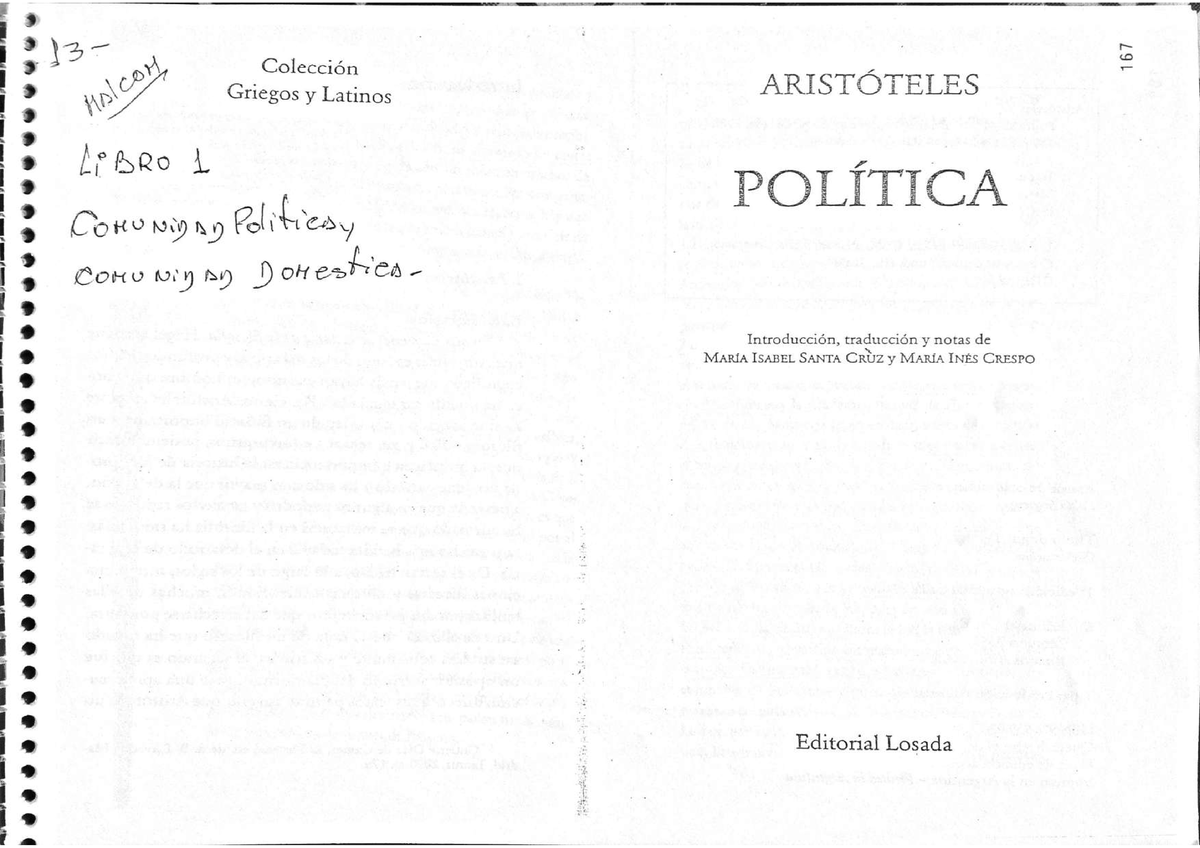 Aristóteles, Política. Libro I (ed. Losada) - Introduccion A La ...