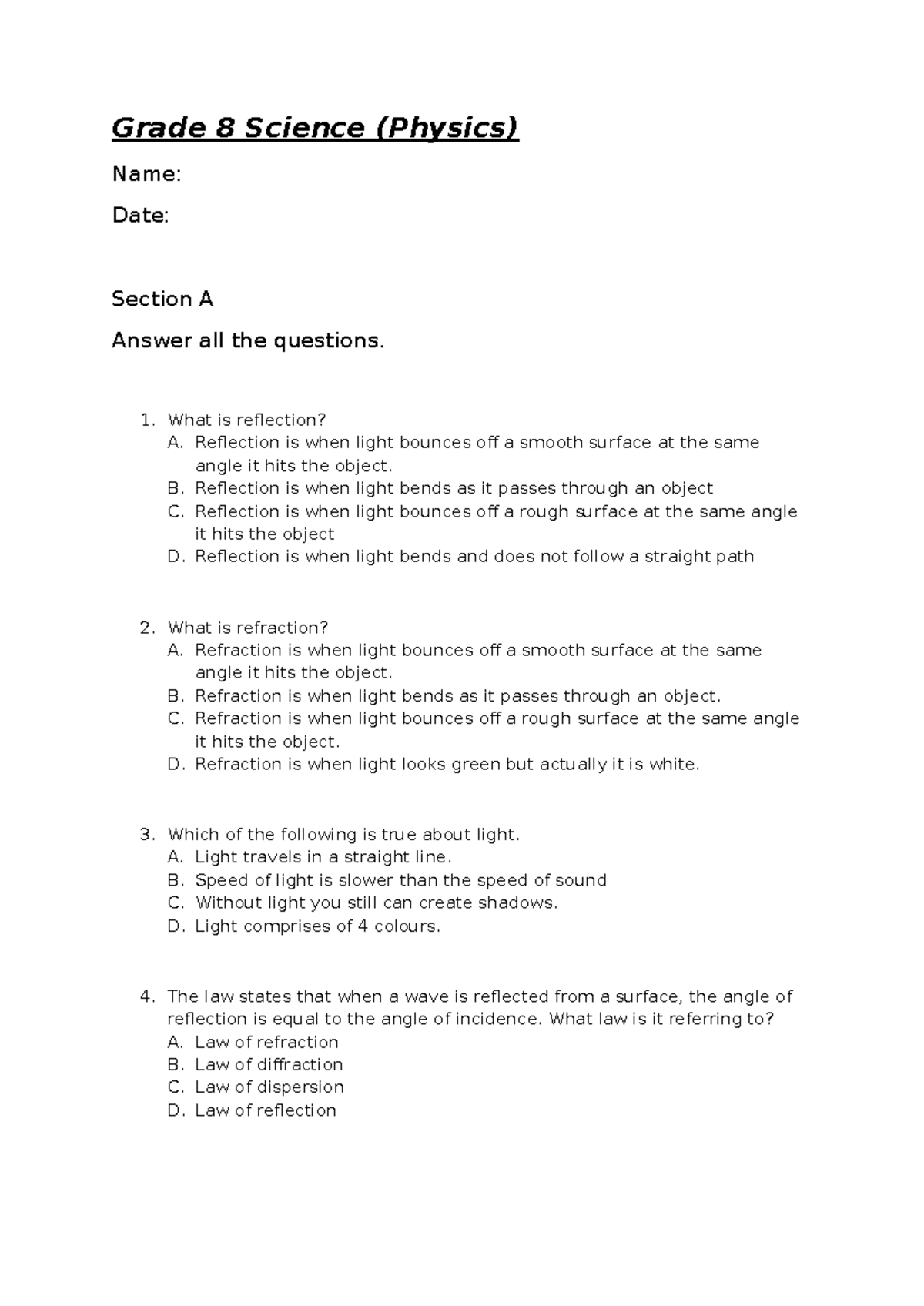 Quiz Grade 8 Physics - Grade 8 Science (Physics) Name: Date: Section A ...
