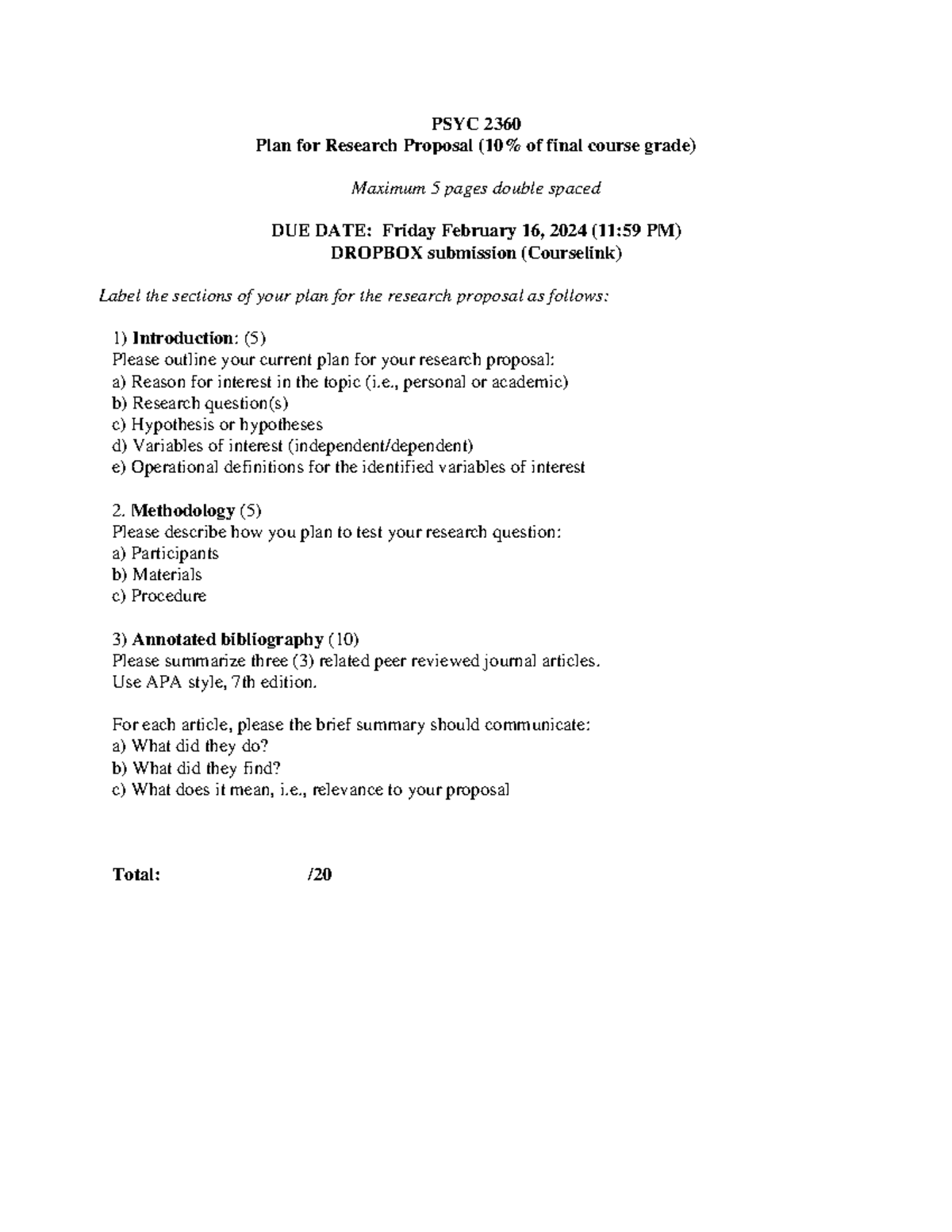 Rubric - Plan for Research Proposal W24 - PSYC 2360 Plan for Research ...