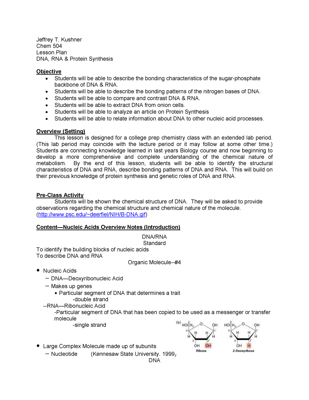 DNA and RNA for BASIS - Jeffrey T. Kushner Chem 504 Lesson Plan DNA ...