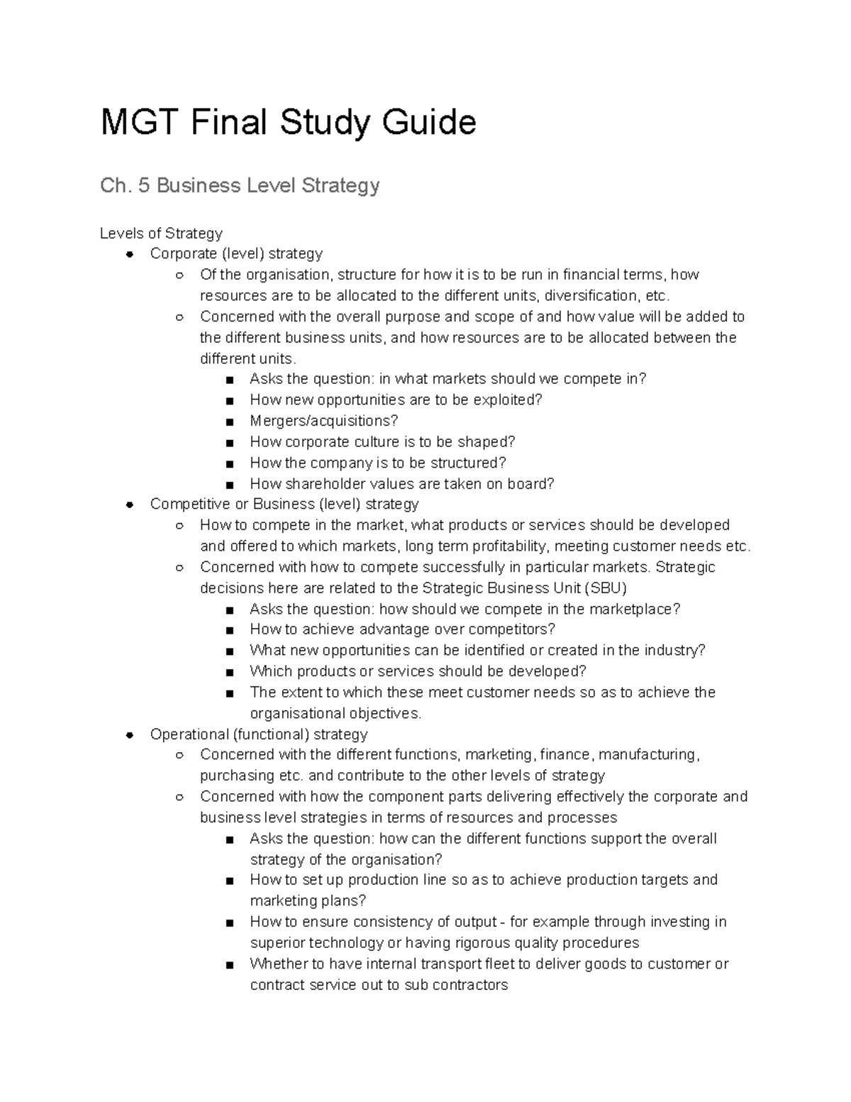 MGT Final Study Guide - 5 Business Level Strategy Levels of Strategy ...
