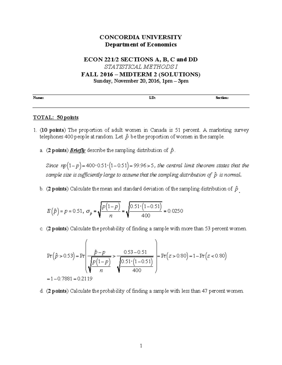 Midterm 2 November 2016, answers - CONCORDIA UNIVERSITY Department of ...