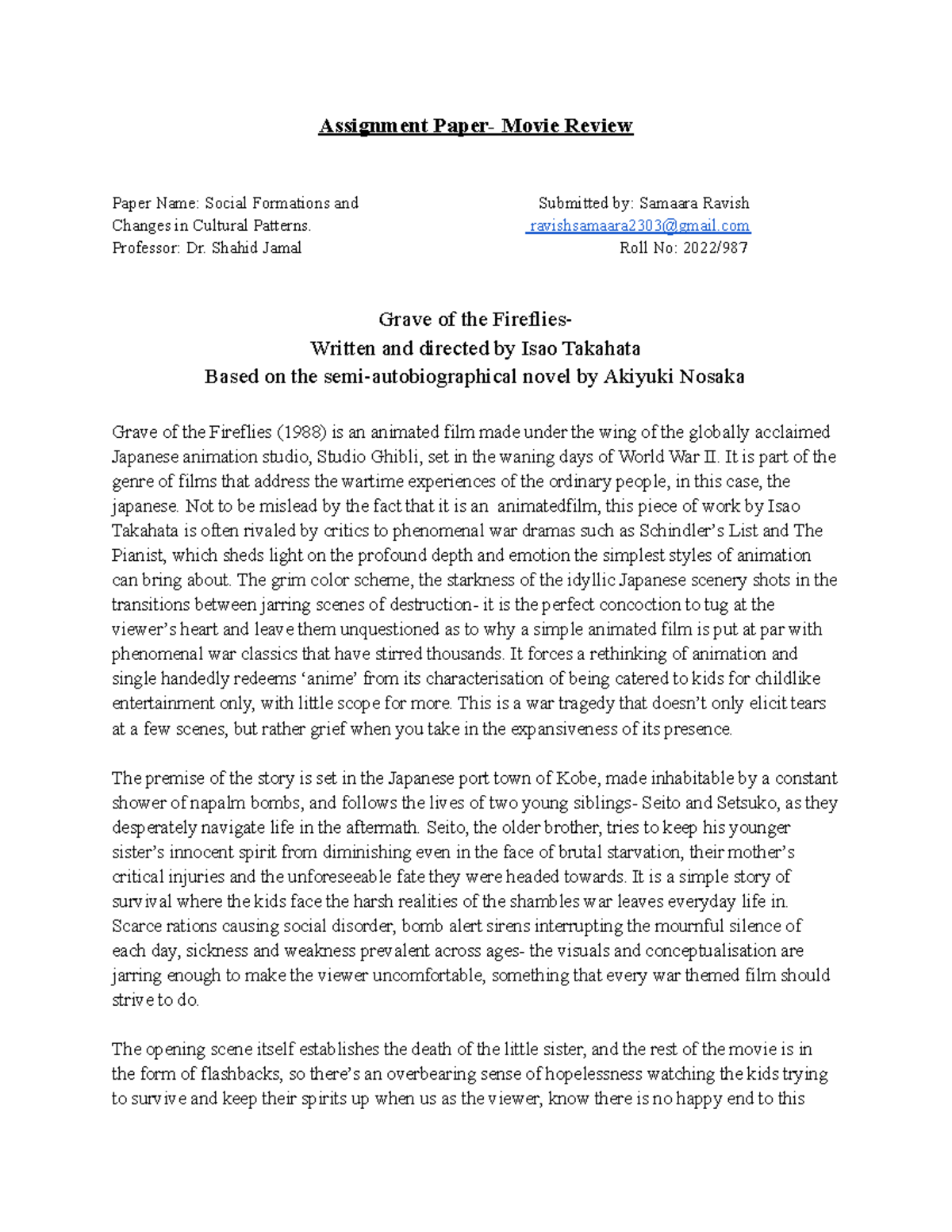 Grave of the Fireflies Summary History honours Assignment Paper