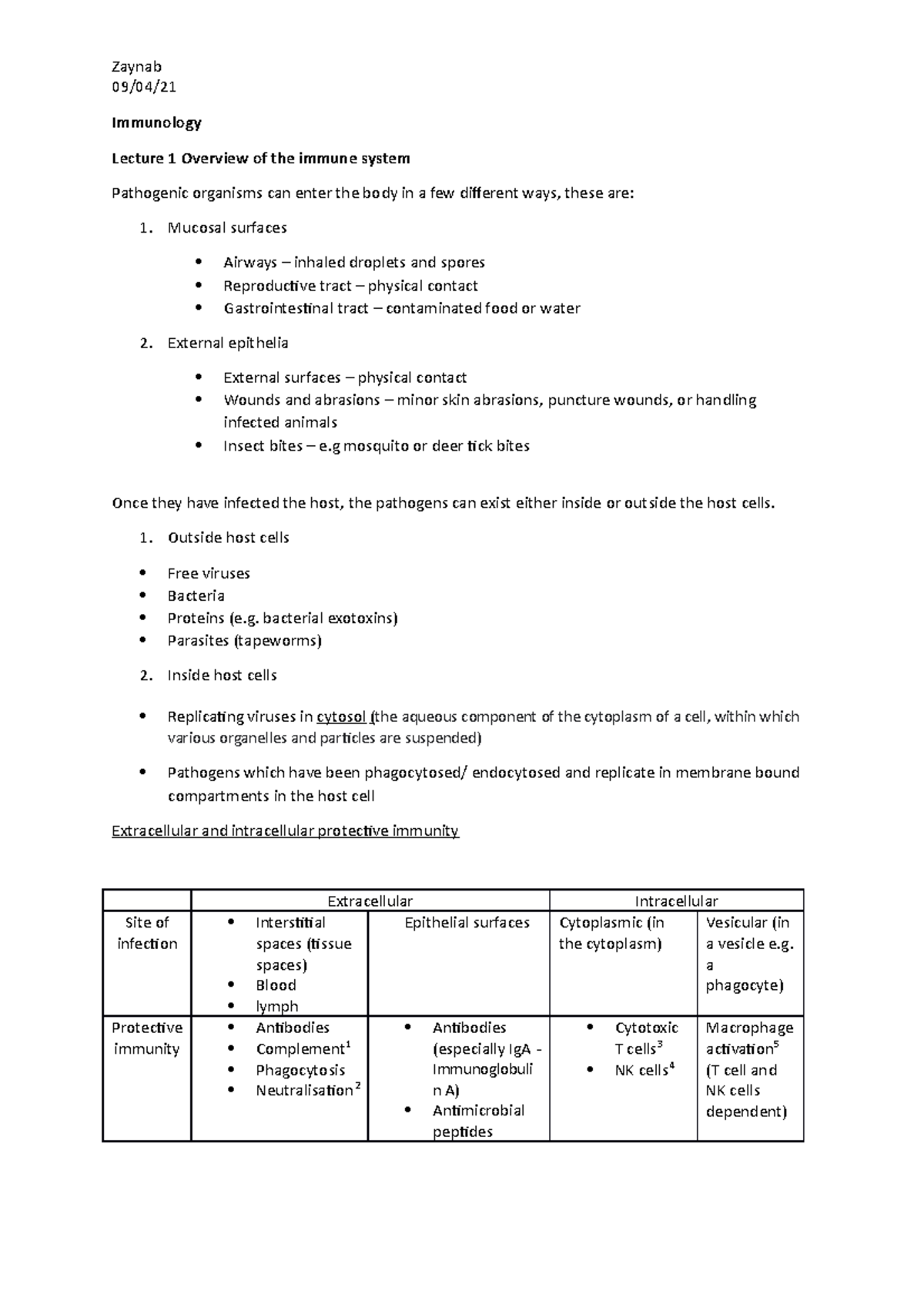 Immunology summary lecture 1 intro to the module - 09/04/ Immunology ...