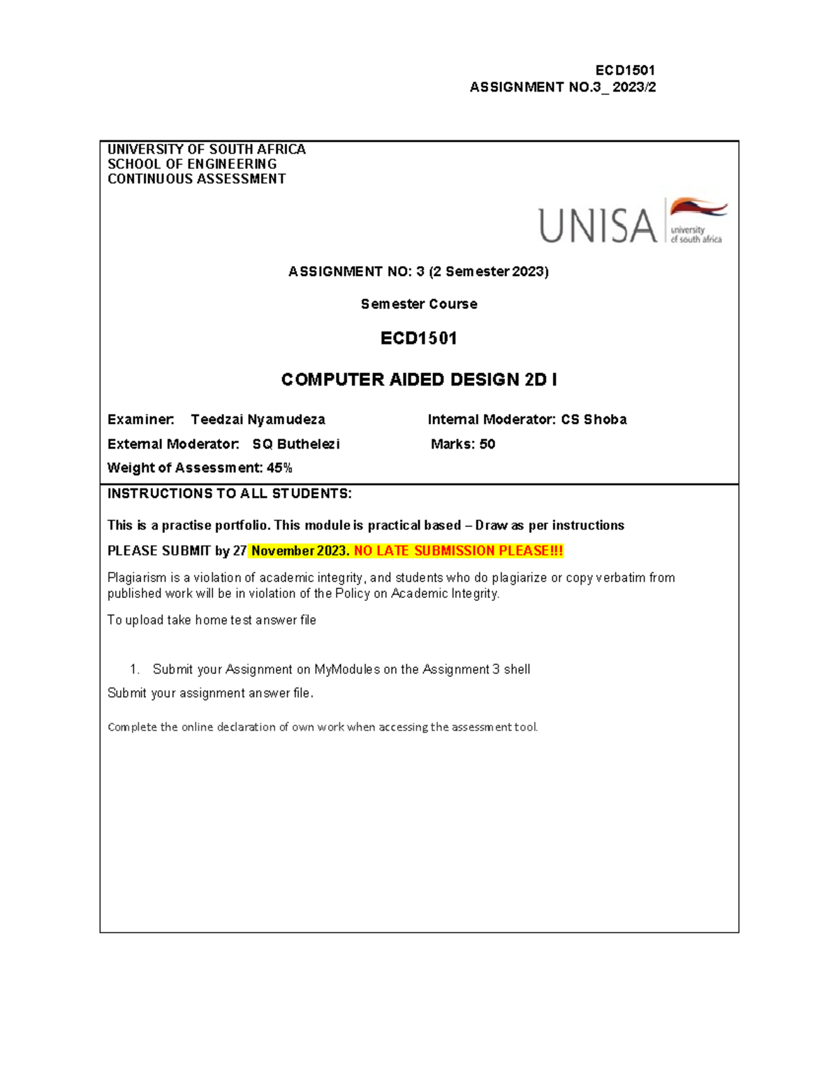 ECD1501 2 2023 Assignment 3 - ECD ASSIGNMENT NO_ 2023/ UNIVERSITY OF ...