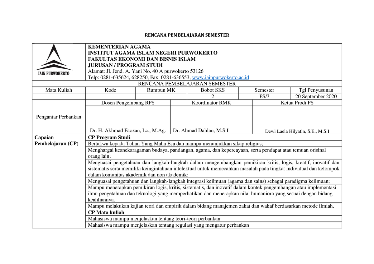 RPS Pengantar Perbankan 2020 Mahasiswa - RENCANA PEMBELAJARAN SEMESTER ...