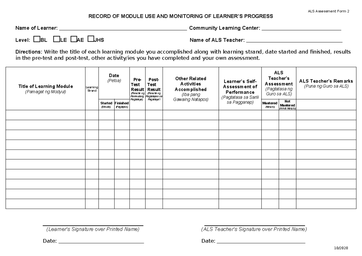 ALS Assessment Form 2 - School related - RECORD OF MODULE USE AND ...